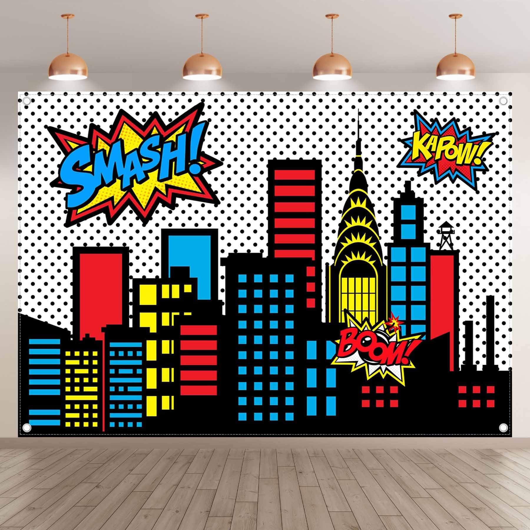 Yriujul 7X5Ft Superhero Cityscape Photography Backdrop Skyline Buildings City Boom Background Kids Birthday Banner Party Baby Sh