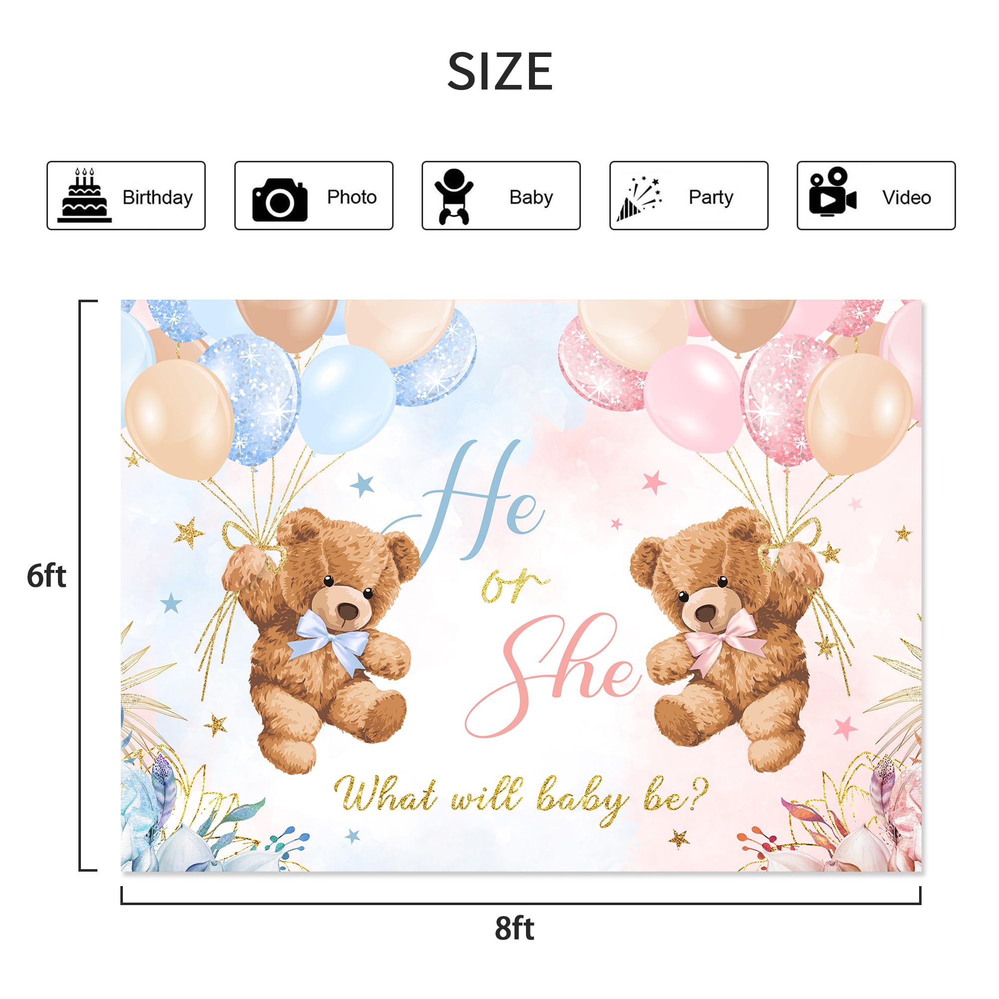 Lightinhome Bear Gender Reveal Backdrop 8Wx6H Feet For He Or She Pink Or Blue Boho Floral Balloons Cute We Can Bearly Wait Baby