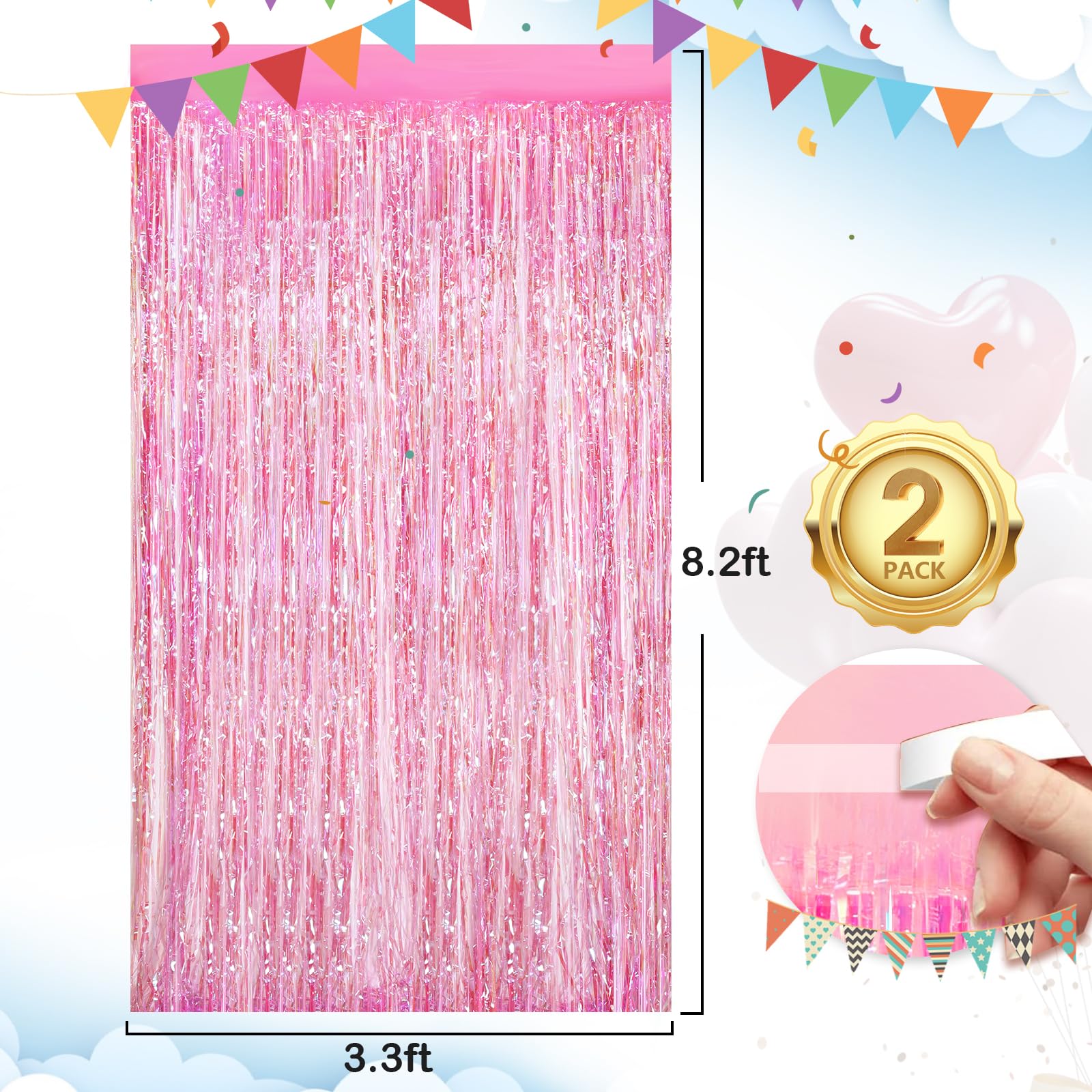 2Pack 3.3X8.3Ft Iridescent Pink Foil Fringe Backdrop Curtains, Pink Tinsel Streamers Birthday Party Decorations Fringe Backdrop