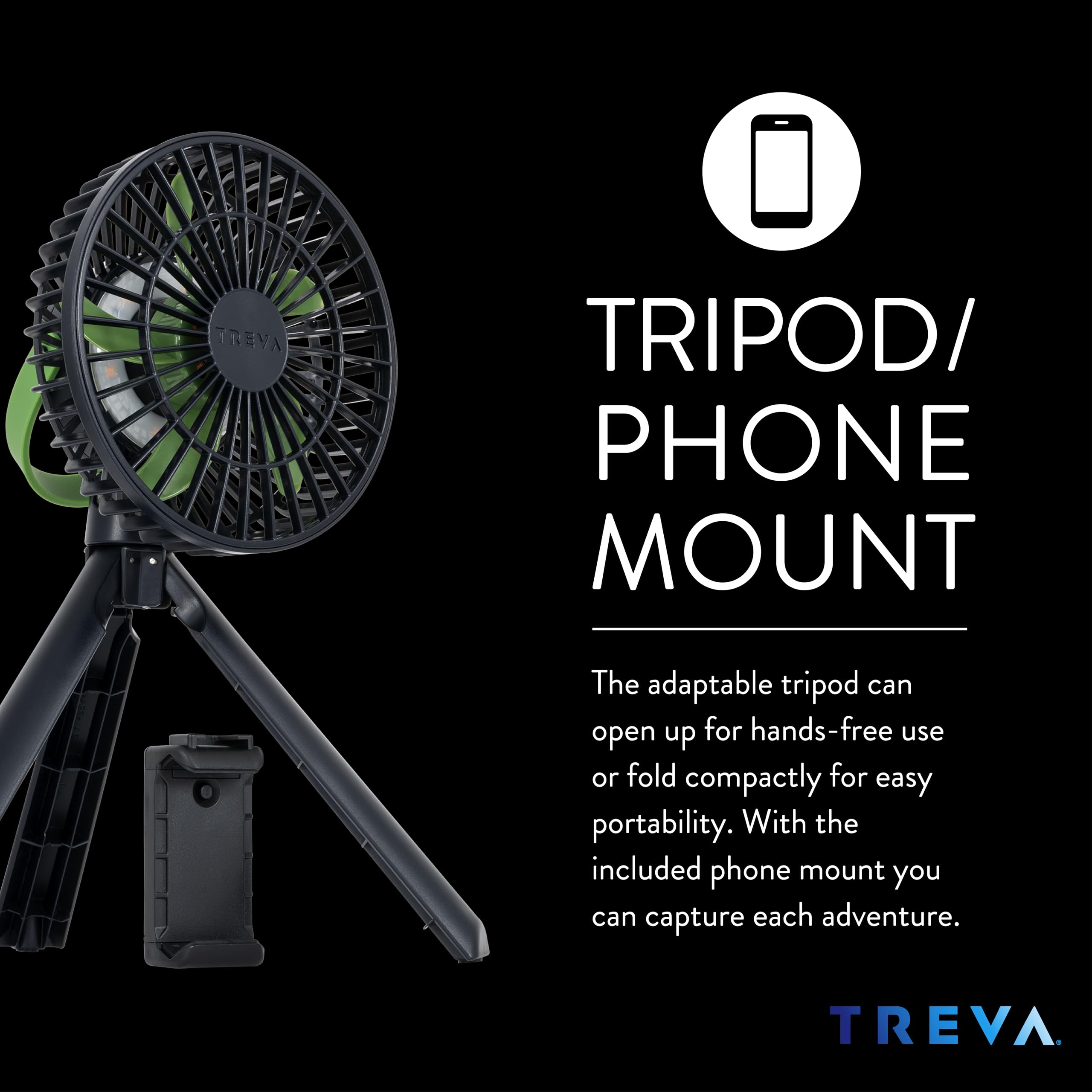 Treva 5 Inch Tripod Fan With Built-In Light And Attachable Phone Mount, Rechargeable 3-Speed Mini Fan With Handle For Travel, Ca