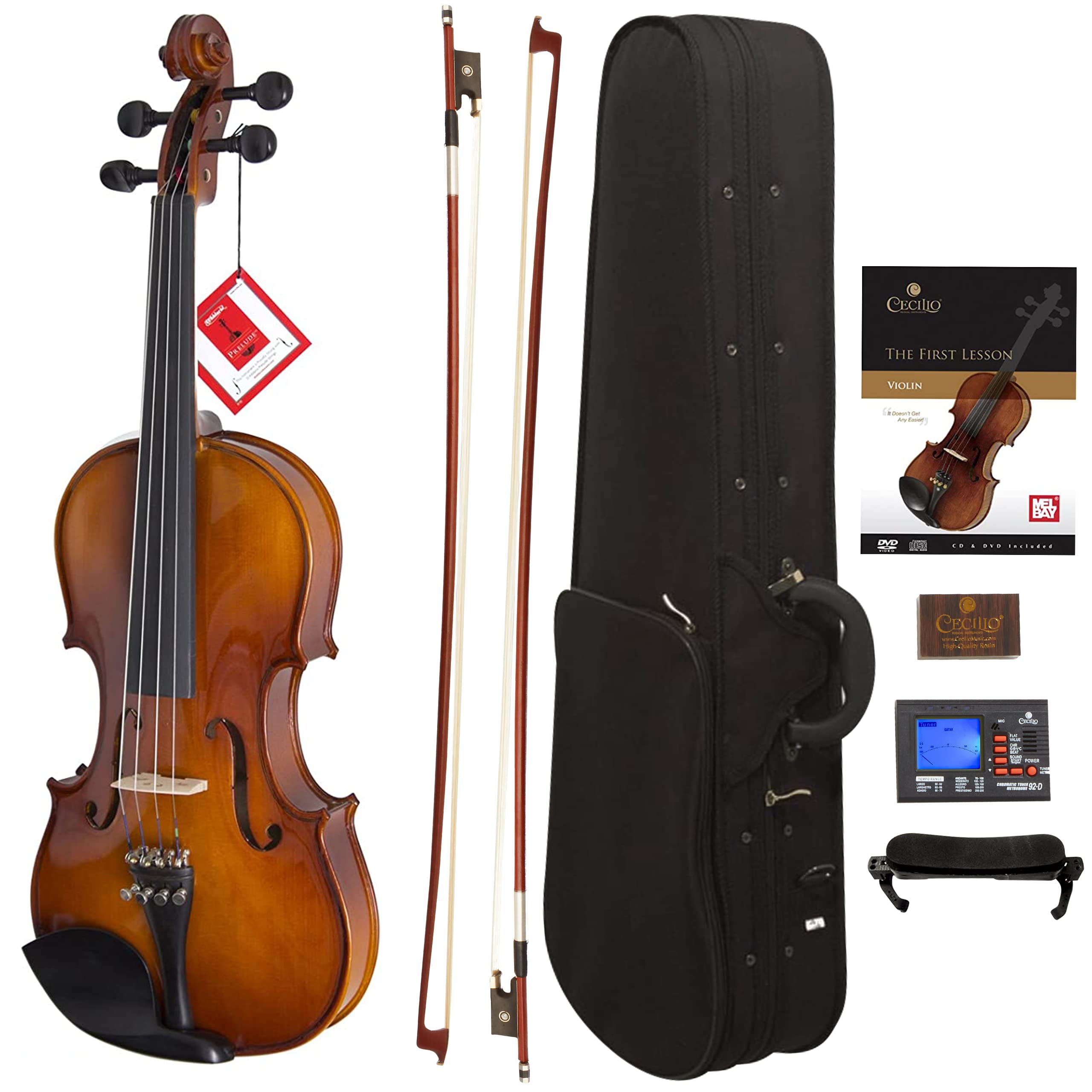 Cecilio CVN-300 Solidwood Ebony Fitted Violin with DAddario Prelude Strings, Size 1/2