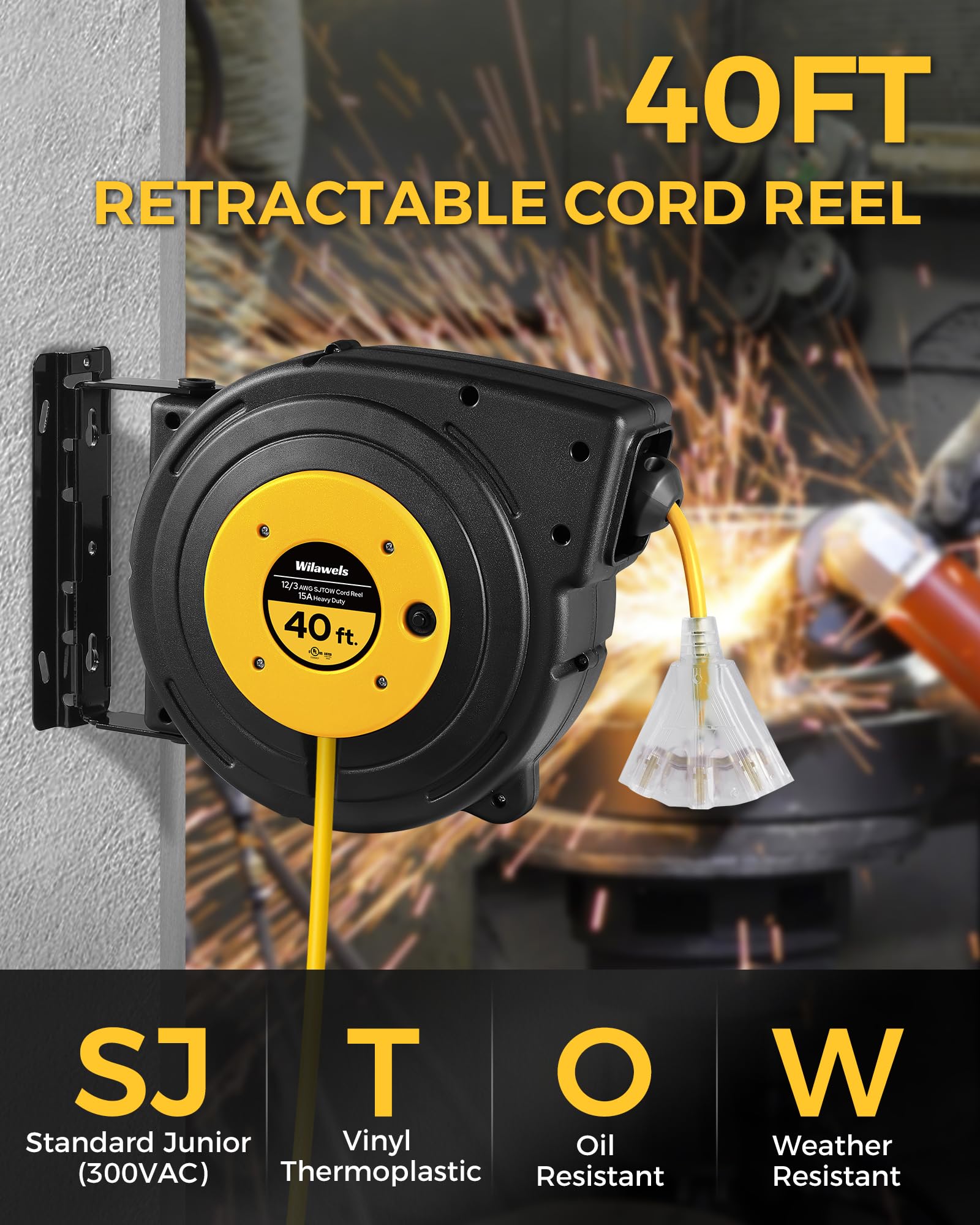 Wilawels Retractable Extension Cord Reel, 40 Ft Heavy Duty Power Cord, 12Awg/3C Sjtow, 3 Grounded Outlets Lighted Triple Tap, 15