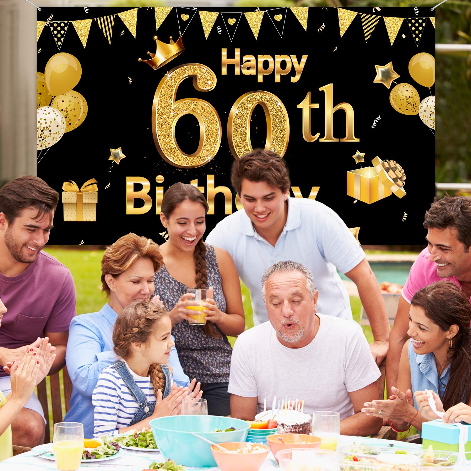 60Th Birthday Banner For Men Women, 60Th Party Decoration Supplies Backdrop Large Black Gold Sign Poster Photo Booth Background