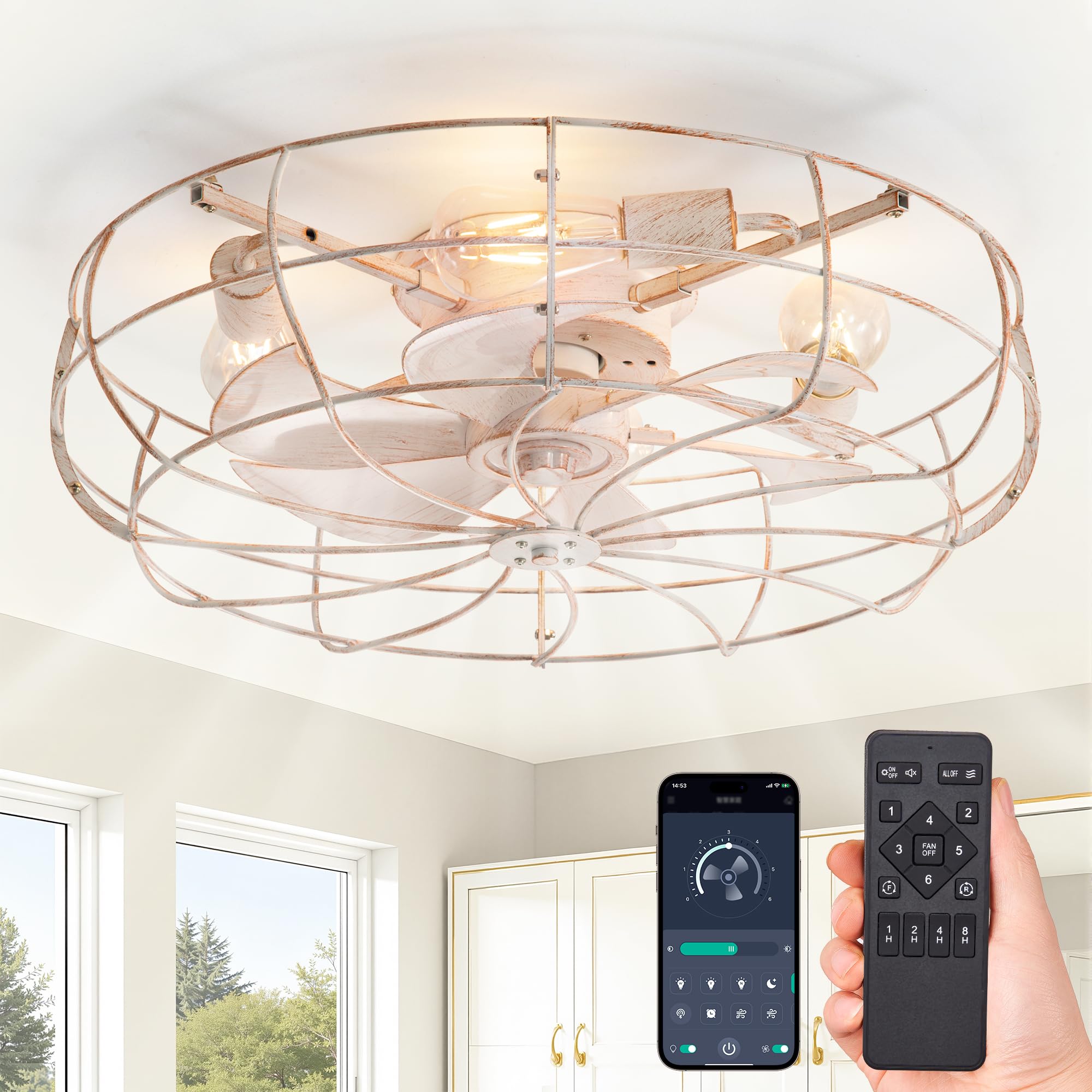 LEDIARY 23 Large Caged Ceiling Fans with Lights, White Flush Mount Low Profile Ceiling Fan with Remote, Modern Farmhouse Industr