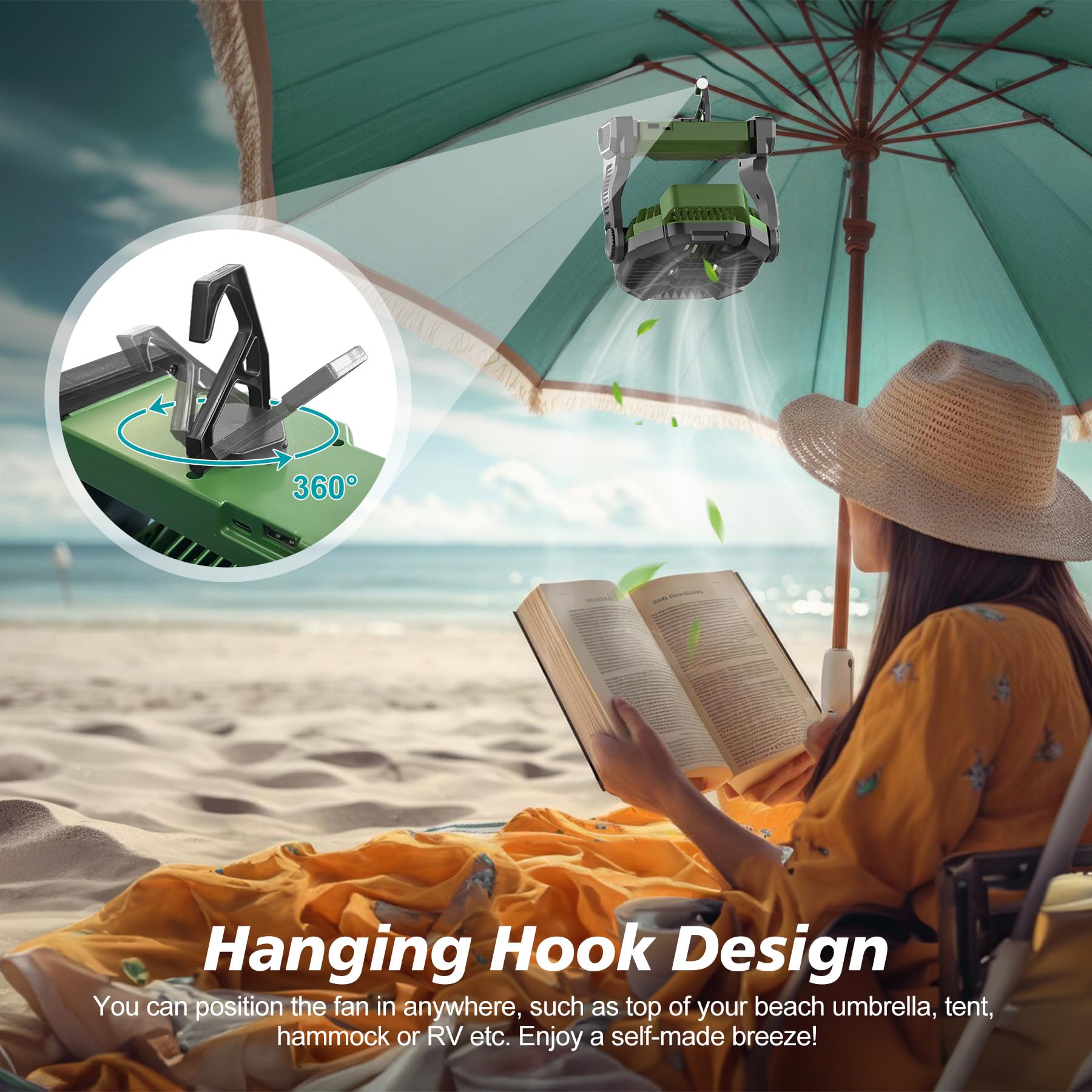 Conbola Portable Rechargeable Camping Fan For Tent With Led Lantern, 10 Inch Battery Operated Outdoor Fan With Hanging Hook, 270