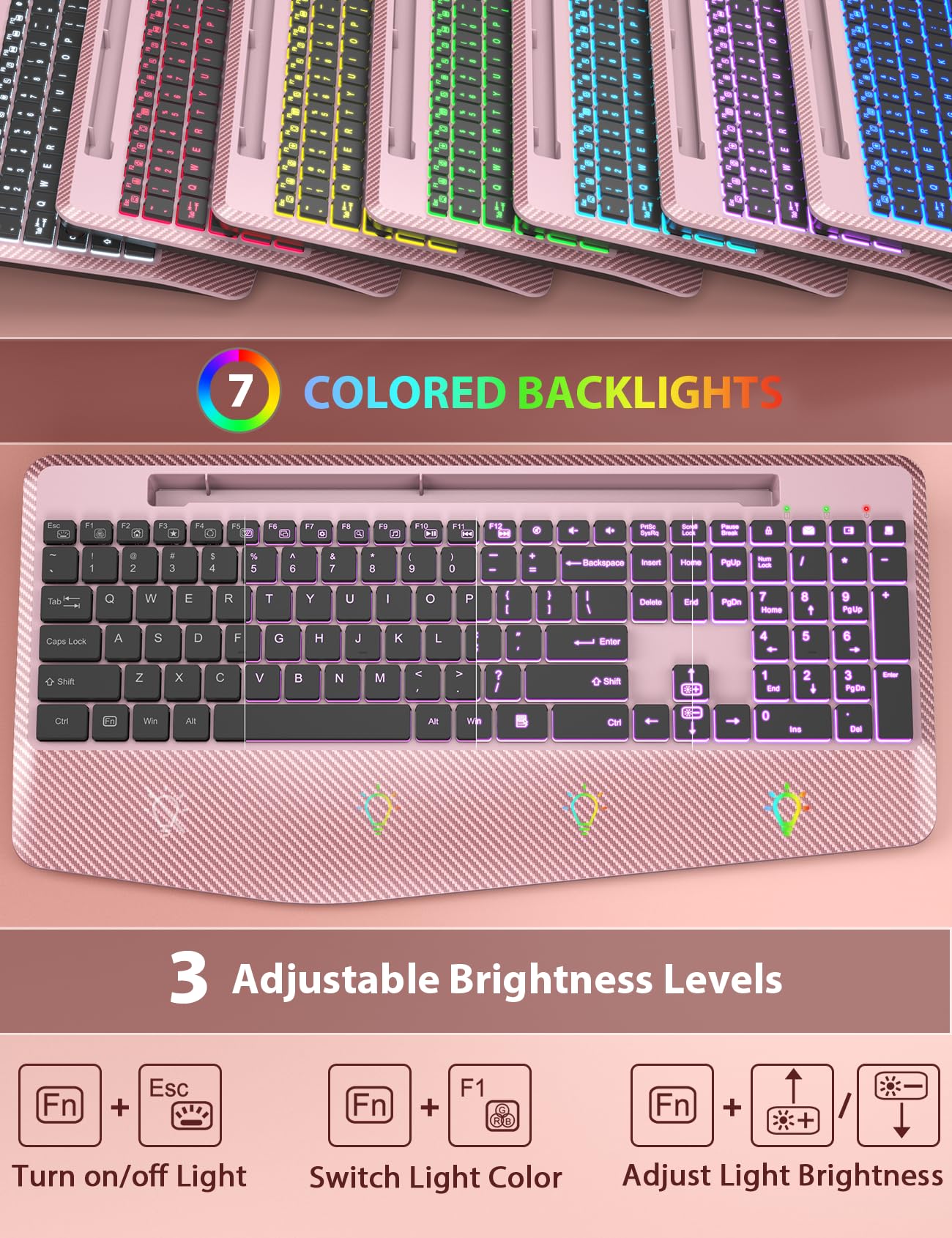 Wireless Keyboard And Mouse Backlits, Wrist Rest, Jiggler Mouse, Rechargeable Ergonomic Keyboard With Phone Holder, Silent Light