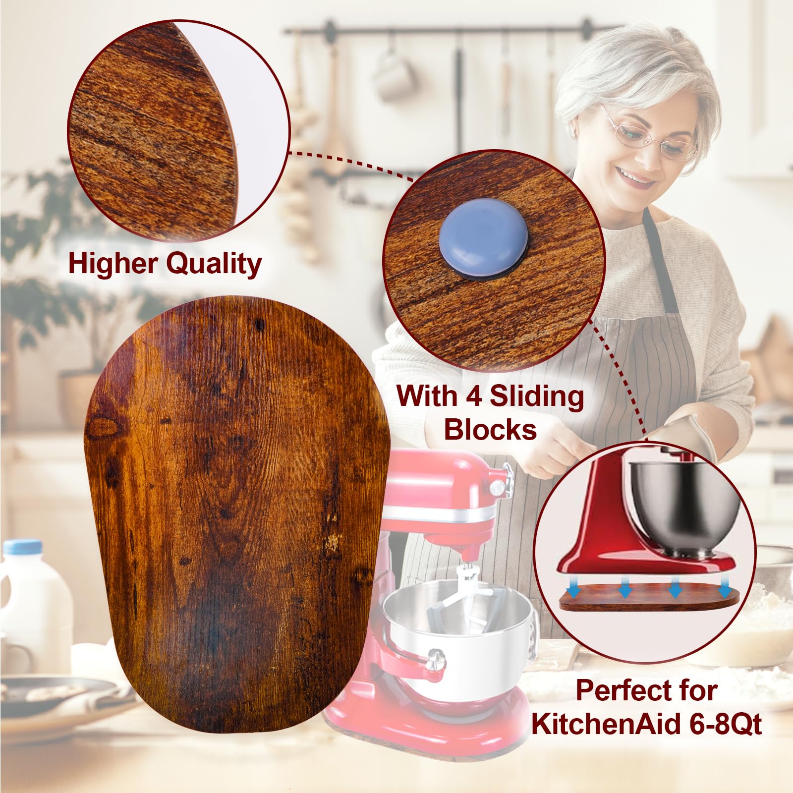Wooden Sliding Mat Compatible With Kitchenaid 6/7/8 Quart Bowl Lift Stand Mixer