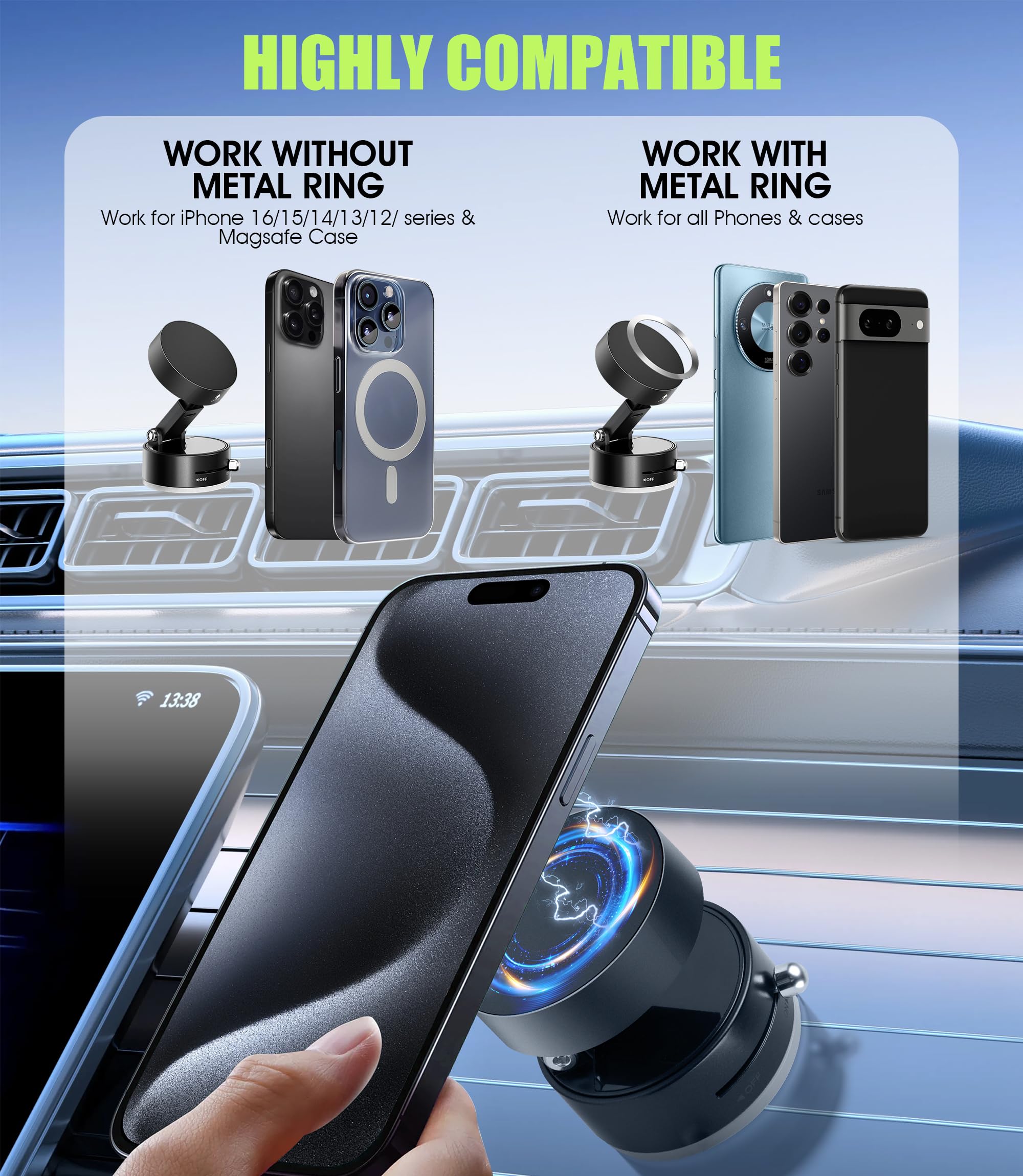 Seltureone Vacuum Magnetic Phone Holder(2025 Upgrated),360 Rotatable And Retractable Vacuum Suction Phone Stand For Car,Multi-Sc