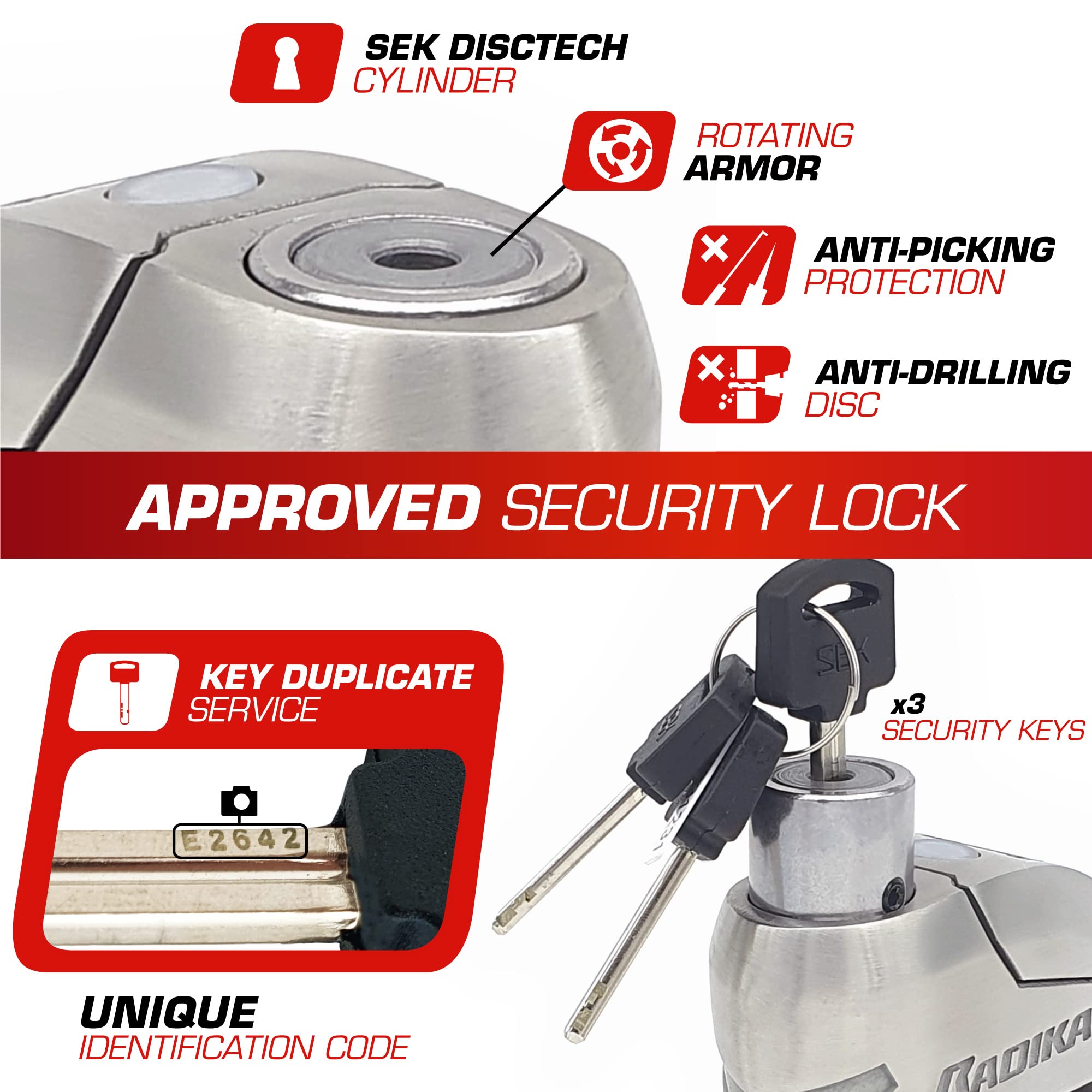 Radikal Rk14S Approved Alarm Disc Lock Motorcycle Premium Security, Hardened Stainless Steel Double Locking, Sek Disctech, High