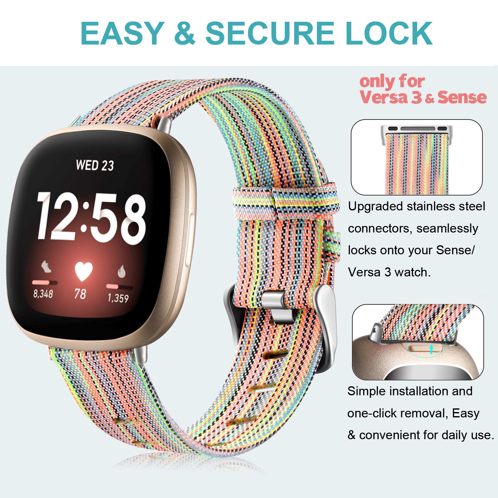 Maledan Woven Bands Compatible With Fitbit Versa 3 / Sense/Sense 2 / Versa 4 Smartwatch, Lightweight Comfortable Woven Fabric, 2