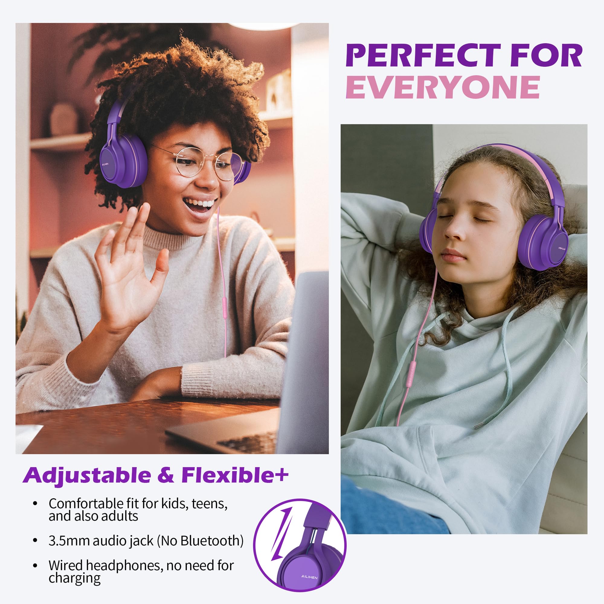 Ailihen C8 Girls Headphones, On Ear Headphones Wired With Microphone And Volume Control Foldable Corded Stereo 3.5Mm Headset For