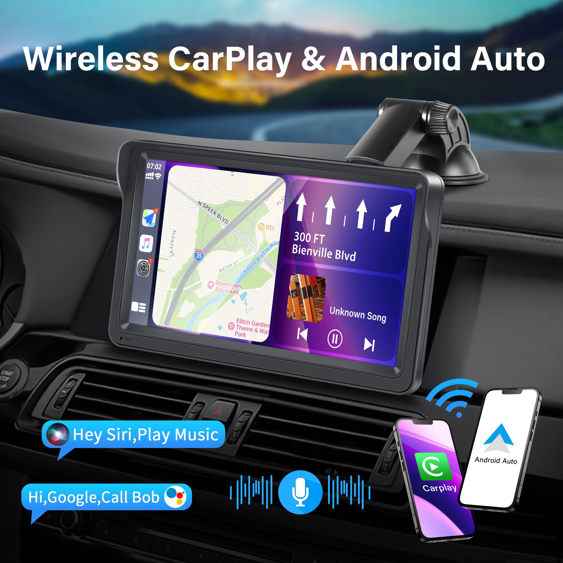 Apple Car Play Screen, Newest Portable Wireless Apple Carplay & Android Auto, Car Stereo Display, 7 Hd Ips Touchscreen, Car Radi