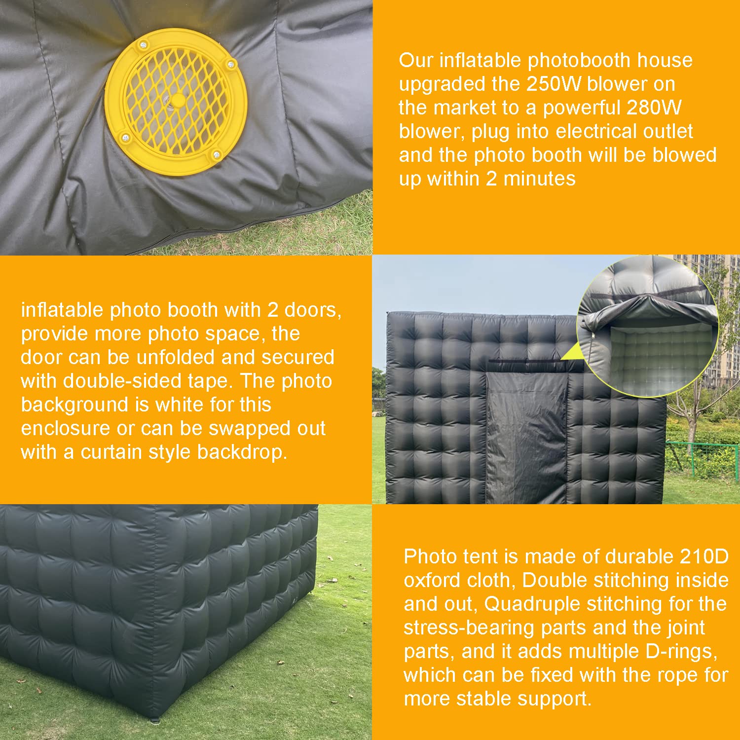 CZGBRO Inflatable Photo Booth Tent 8.2x8.2ft Black with 16-Color LED Lights & 2 Doors