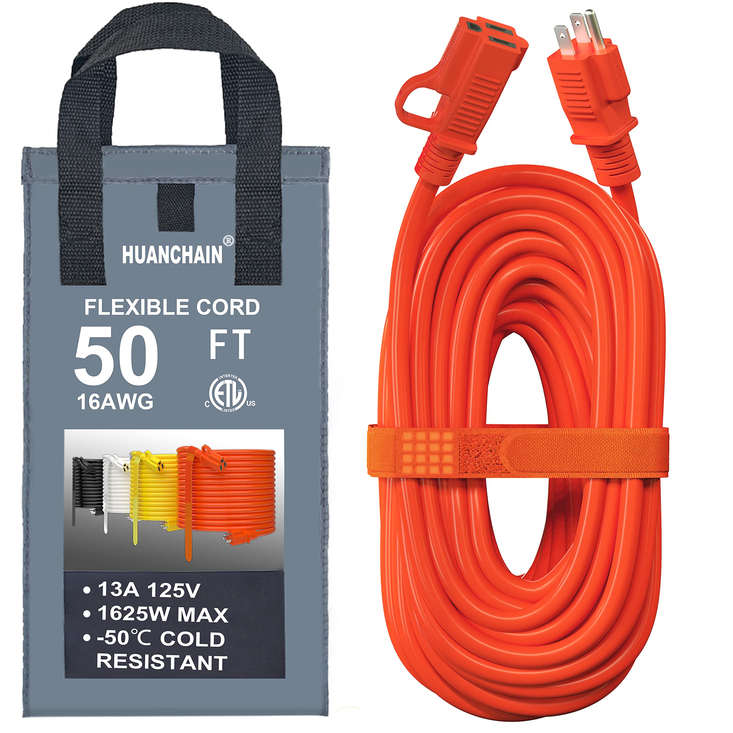Indoor Outdoor Extension Cord 50 Ft Waterproof, 16/3 Gauge Flexible Cold Resistant Appliance Extension Cord Outside, 13A 1625W 1