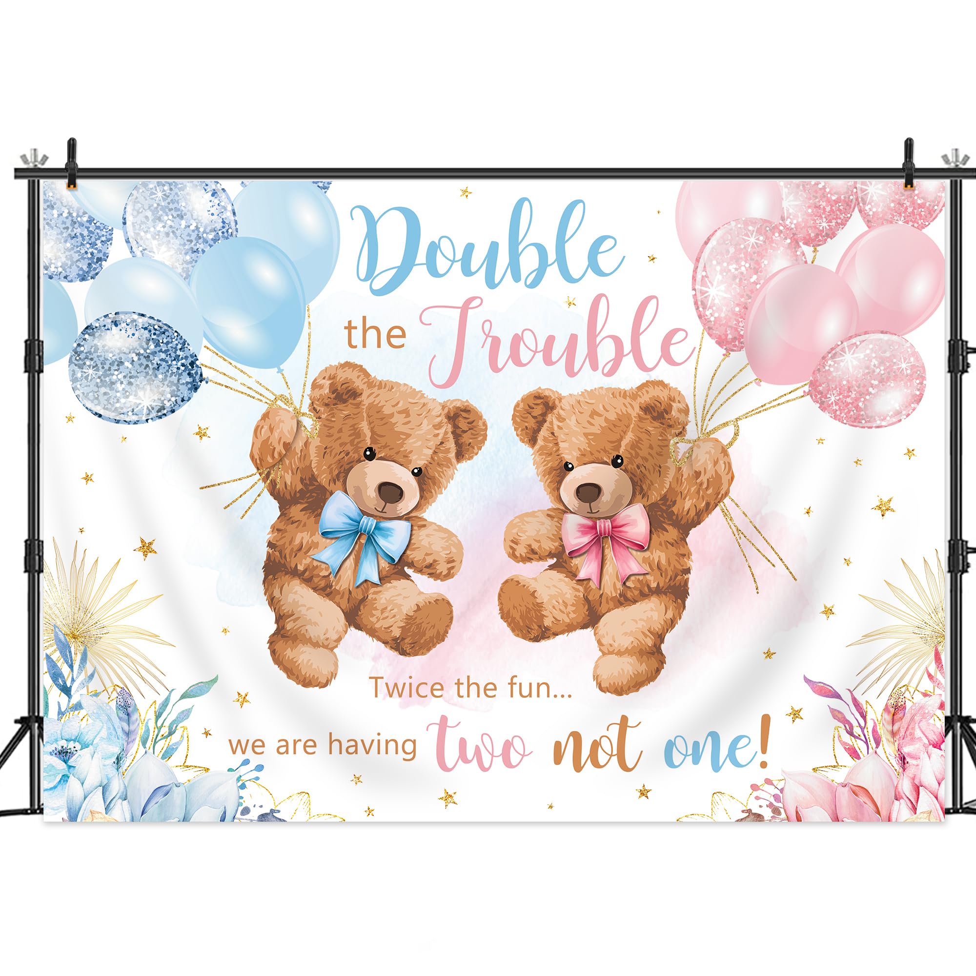 Lightinhome Double The Trouble Twice The Fun We Are Having Backdrop 7Wx5H Feet For It'S Twins Baby Shower Blue Pink Bear Gender
