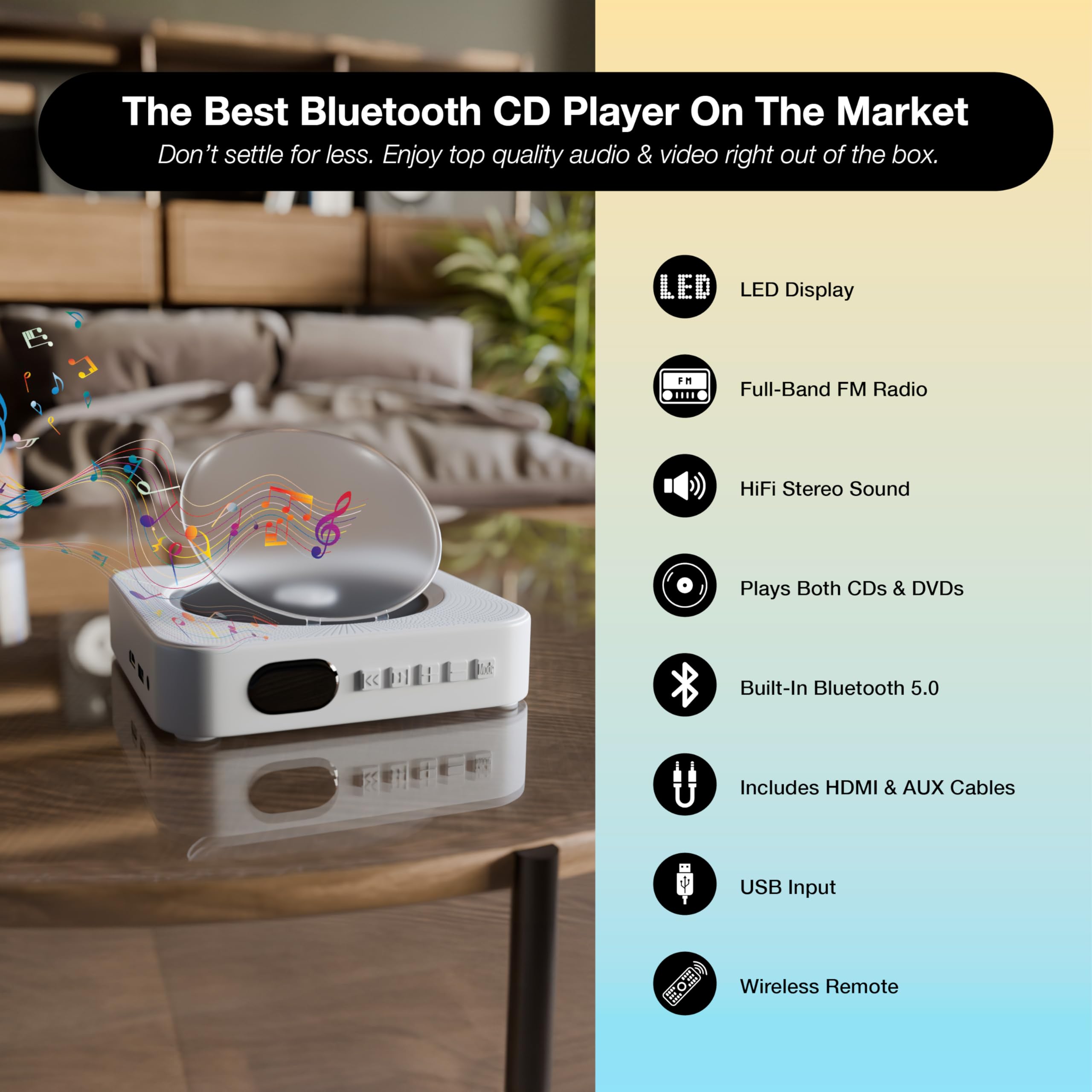 Player Elite Portable Cd Players For Home   Desk And Wall Mount Radio Cd Player. Hifi Desktop Cd Player With Radio, Dvd, Wireles