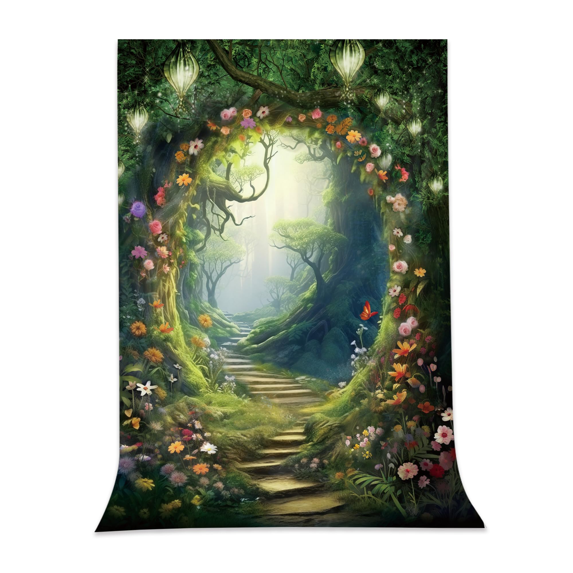 Omifly Enchanted Woodland 5W*7H Backdrop For Photography Fairy Tale Floral Wonderland Greenery Garden Tree Spring Plant Backgrou