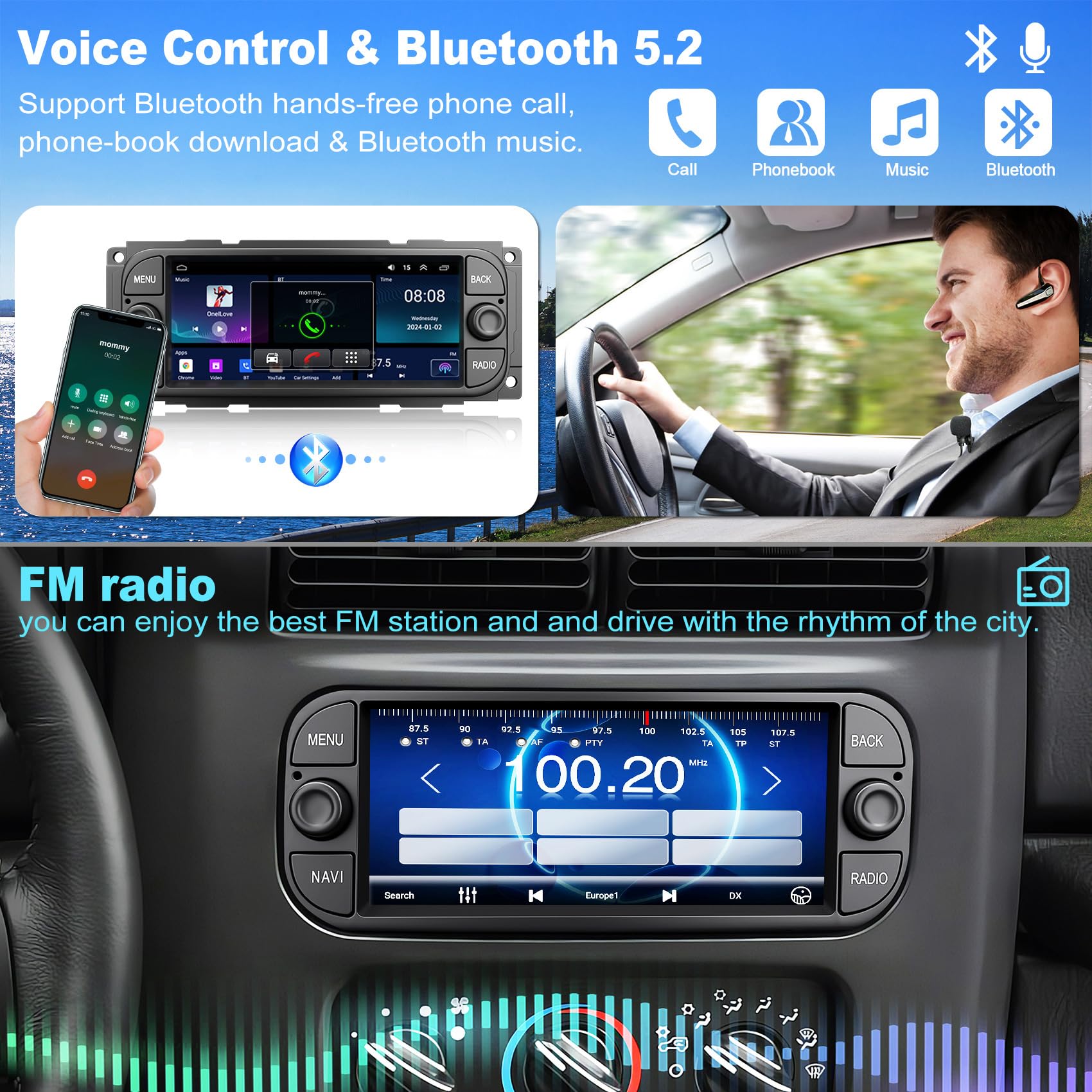 2+32G Car Radio For Chrysler Dodge Jeep Wrangler Grand Cherokee, 6.2 Inch Car Stereo Built In Apple Carplay Android Auto,Gps Nav