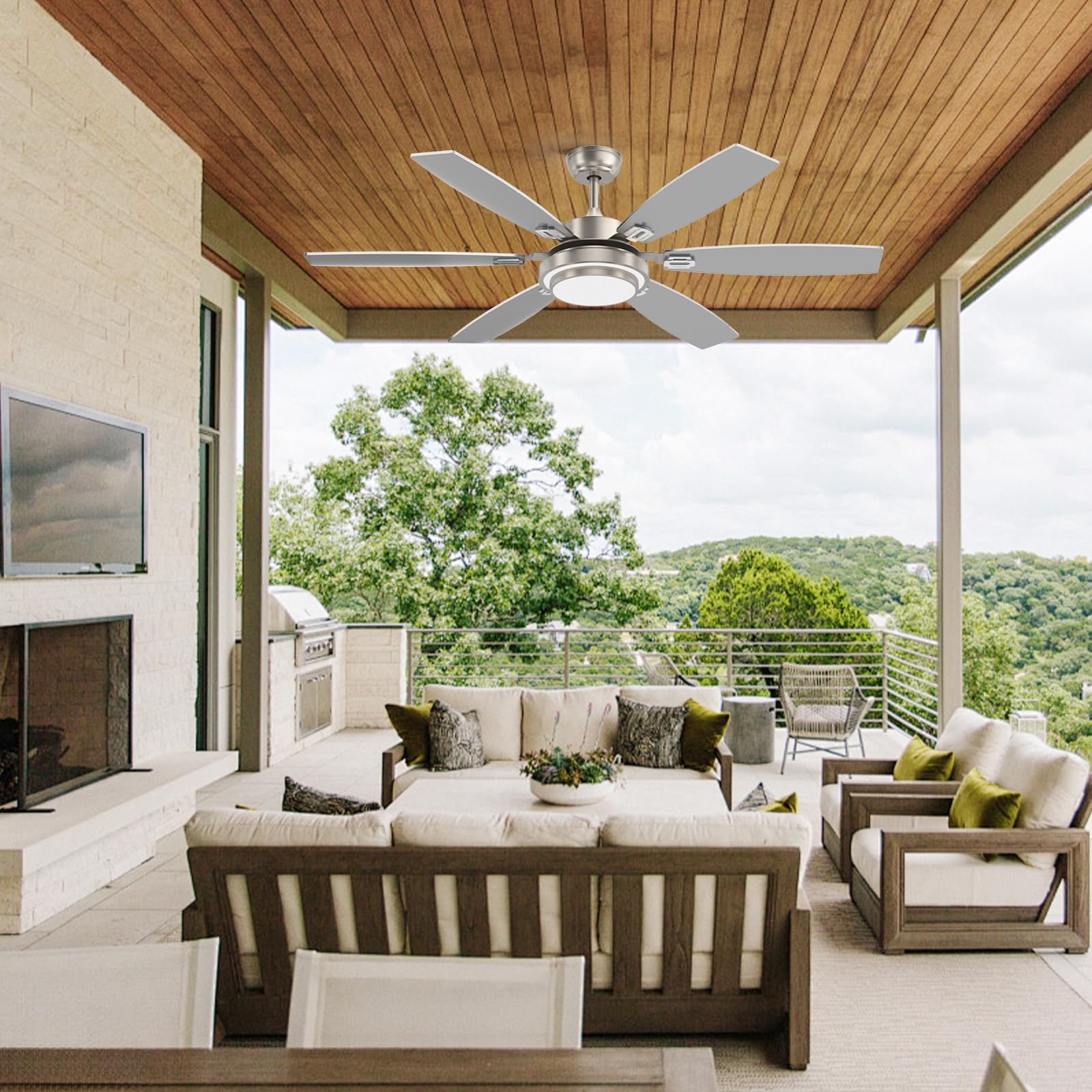 60 Inch Large Ceiling Fans With Lights And Remote Control For Living Room, Modern Nickel Ceiling Fan With Quiet Reversible Dc Mo