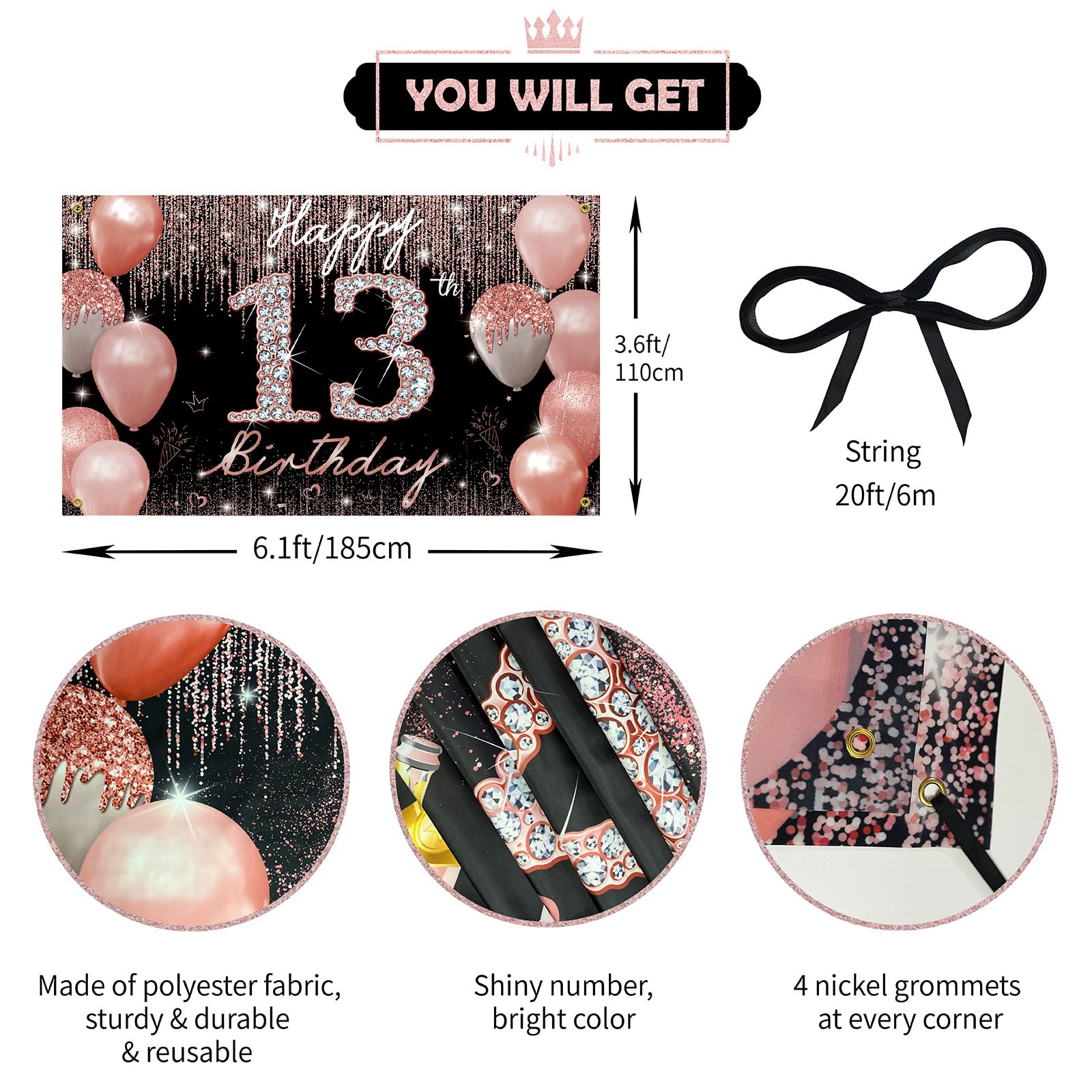 13Th Birthday Decoration For Girls, Happy 13Th Birthday Backdrop Banner Rose Gold, Sweet 13 Year Old Birthday Party Yard Sign Ph