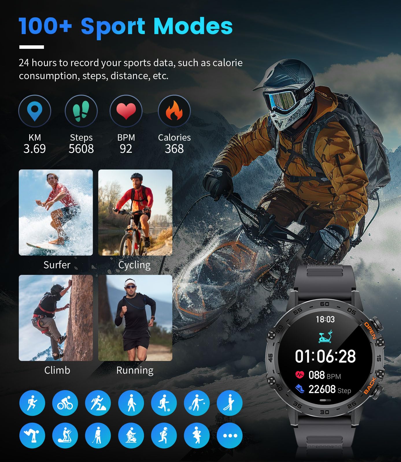 Foxbox Militray Smart Watch For Men, 1.39'' Touchcreen Smartwatch Answer/Make Calls With 100 Sports Modes, Ip68 Waterproof, 400M