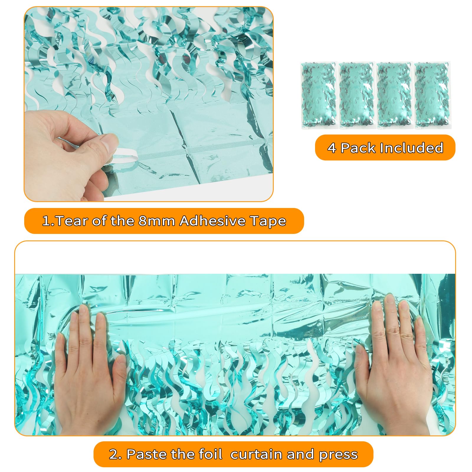 4 Pack 3.3 Ft X 6.6 Ft Wavy Aqua Teal Blue Tinsel Foil Fringe Curtains Backdrop   Wave Metallic Foil Curtains For Wedding Girl P