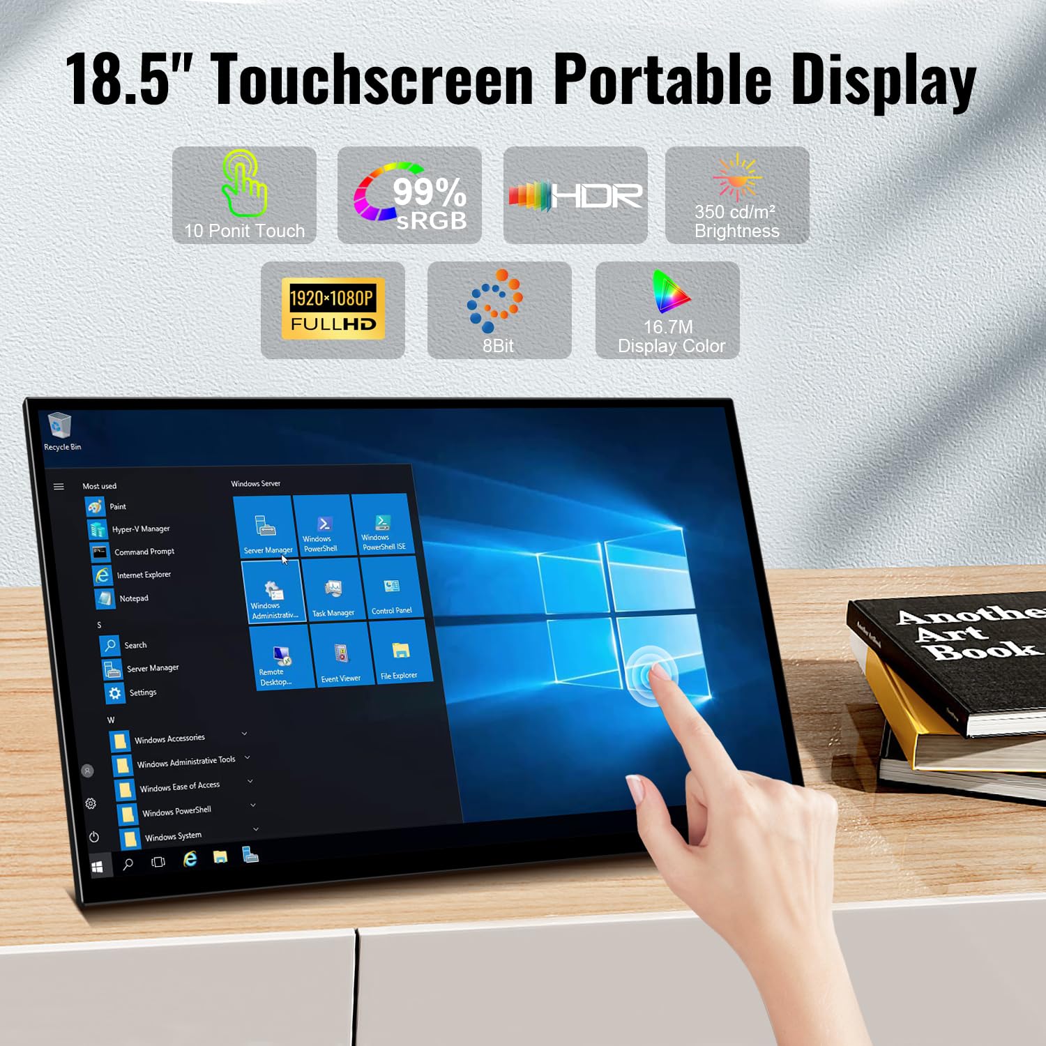 Portable Touchscreen Monitor 18.5 Inch, Hdr, 350Cd/M, 1920X1080 Touch Display With Hdmi Usb C, 99% Srgb, Built In Speakers, Kick