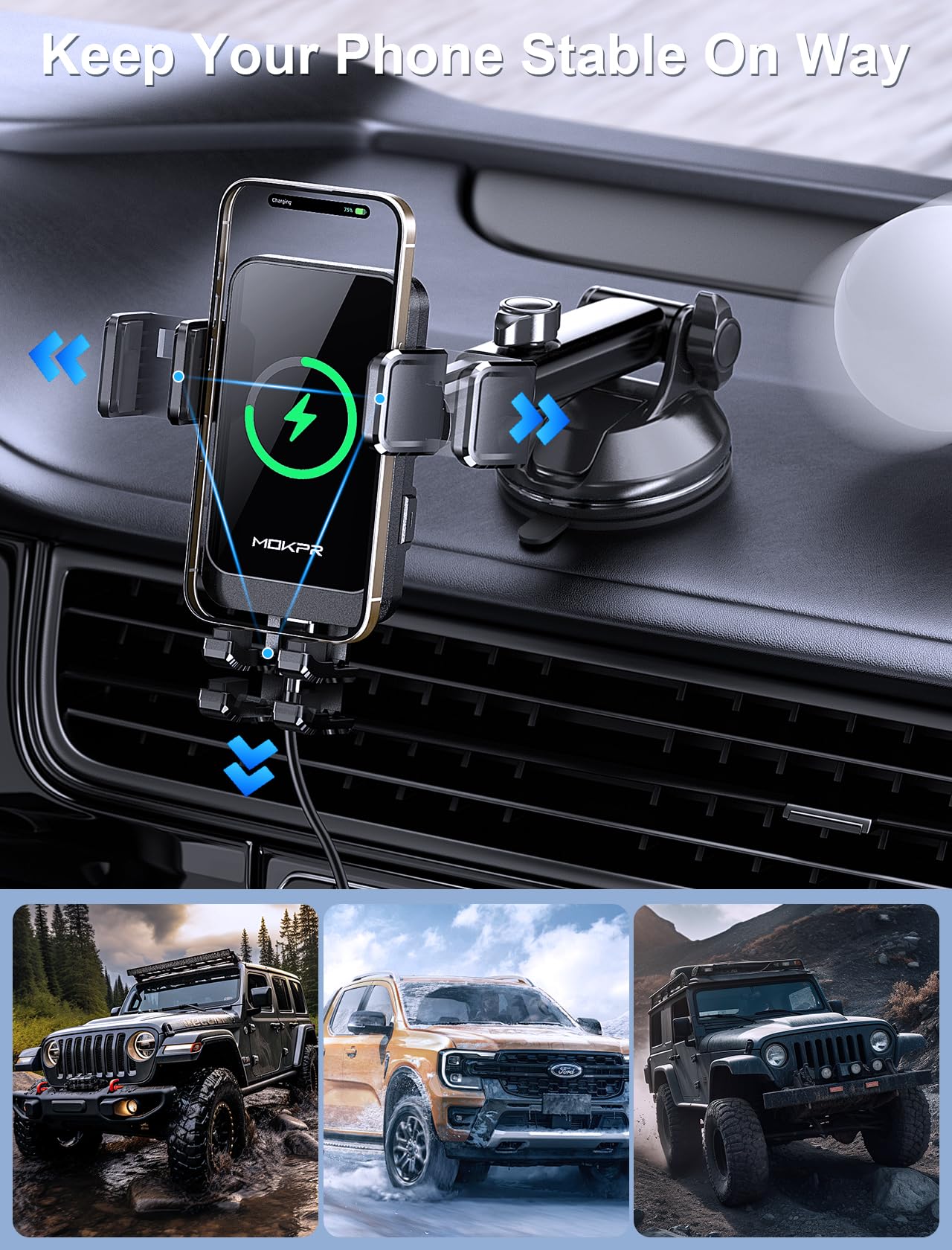 Wireless Car Charger, Mokpr 15W Fast Charging Auto Clamping Air Vent Car Phone Holder With Led Light Car Charger For Iphone 16 1