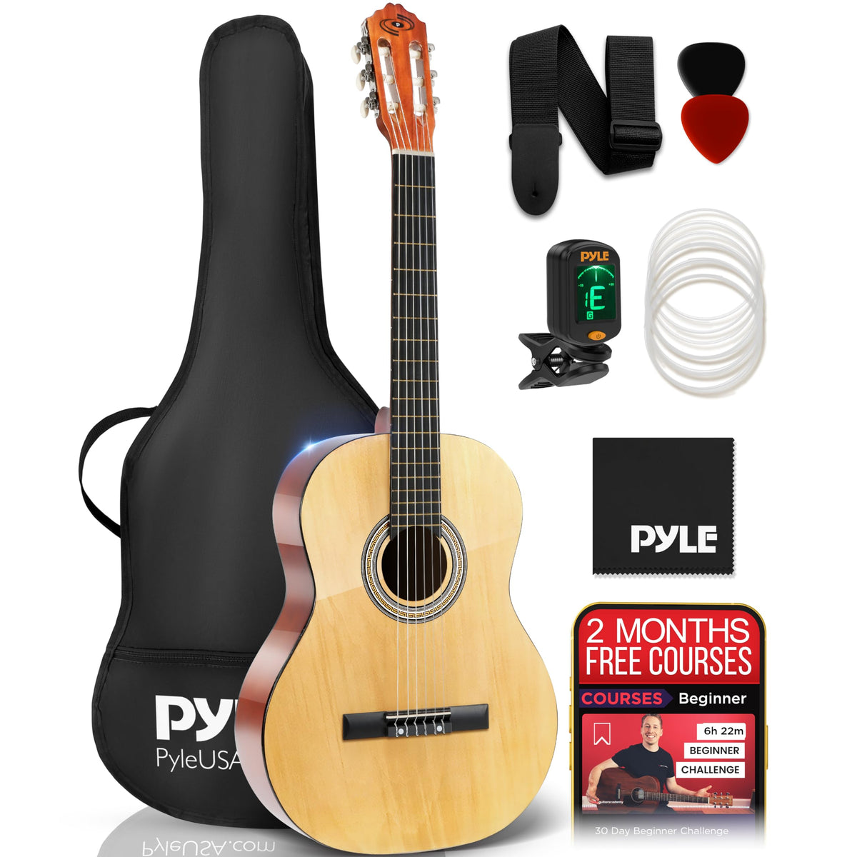 Pyle Beginner Acoustic Guitar Kit, 3/4 Junior Size All Wood Instrument For Kids, Adults, 36'' Natural Ash