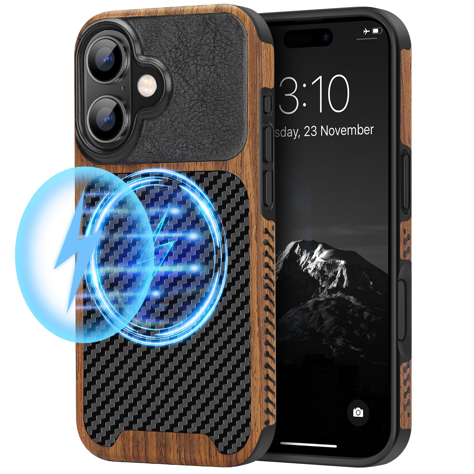 TENDLIN Magnetic Case Compatible with iPhone 16 Phone Case Wood Grain with Carbon Fiber Texture Design Leather Hybrid Slim Case 