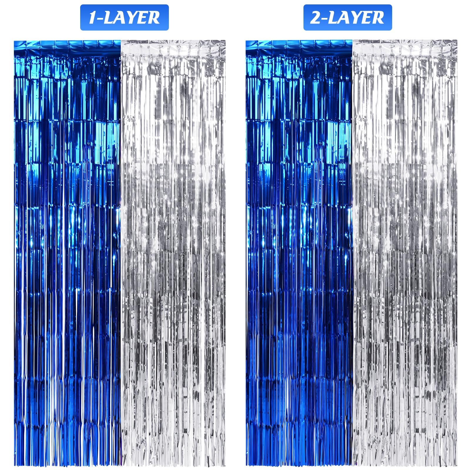 6Pack 3.3Ft X 6.6Ft Graduation Foil Fringe Curtain Backdrop Decorations, Blue Silver Metallic Tinsel Foil Streamers Curtain Phot