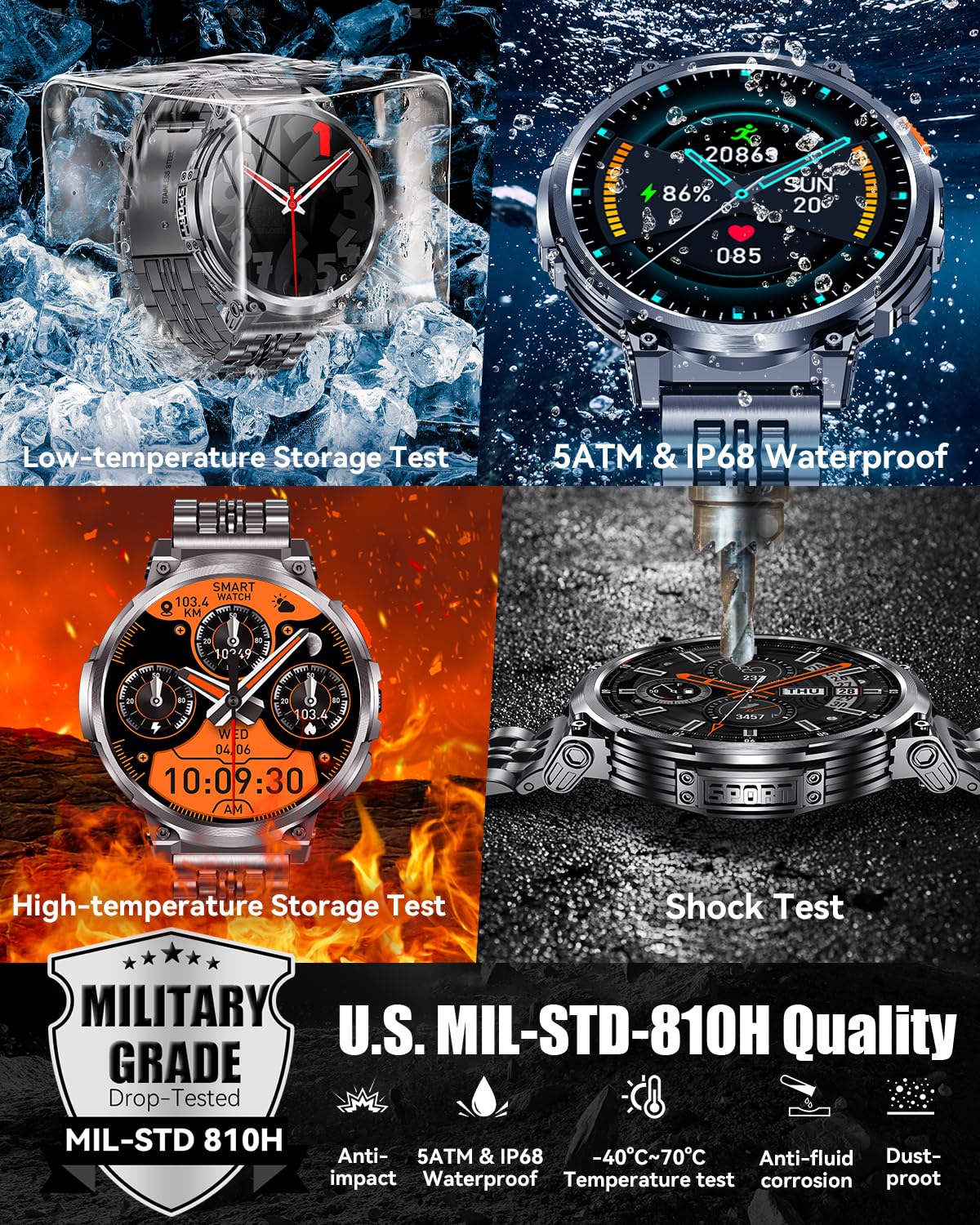 Podoeil 1.85 '' Big Screen Military Smart Watch For Men With Flashlight, 730Mah Large Battery, Ip68 Waterproof, Bluetooth Callin