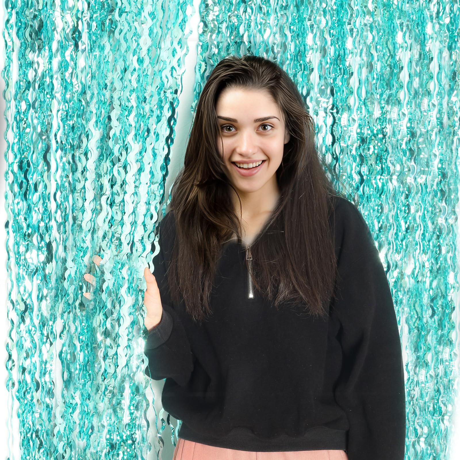 4 Pack 3.3 Ft X 6.6 Ft Wavy Aqua Teal Blue Tinsel Foil Fringe Curtains Backdrop   Wave Metallic Foil Curtains For Wedding Girl P