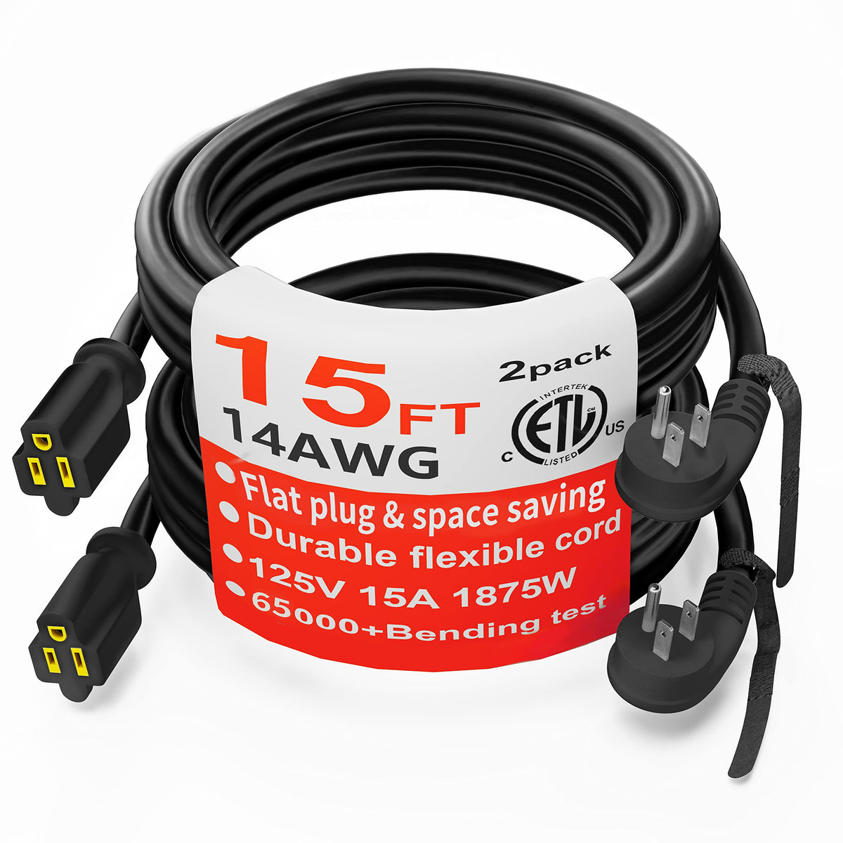 Huanchain 14 Gauge 15 Ft (2Pack) Flat Plug Extension Cord Black Indoor Outdoor, Heavy Duty 3 Prong Grounded Low Profile Extensio