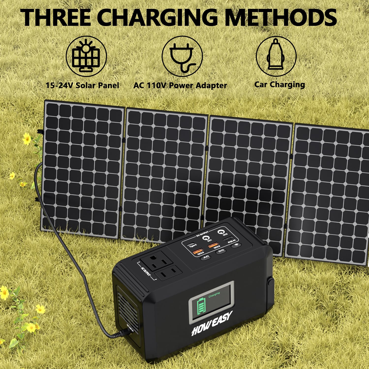 Howeasy Portable Power Station, 24000Mah Camping Solar Generator, Portable Power Bank With 2 110V/ 150W Peak Ac Outlet / 2 Dc /3
