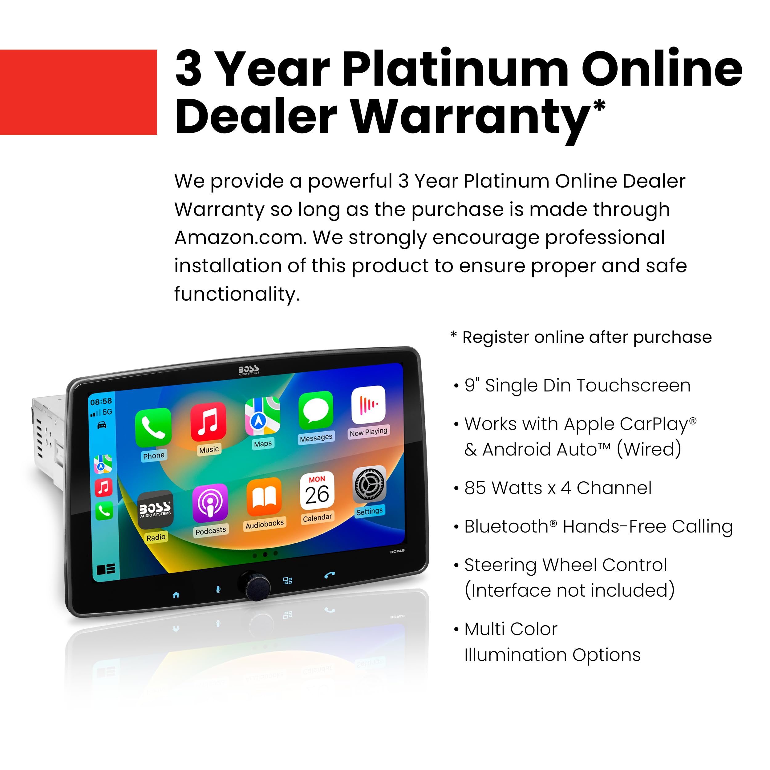 Boss Audio Systems Bcpa9 Car Stereo   Apple Carplay, Android Auto, Single Din, 9 Inch Touchscreen, Bluetooth, No Cd Dvd Player,