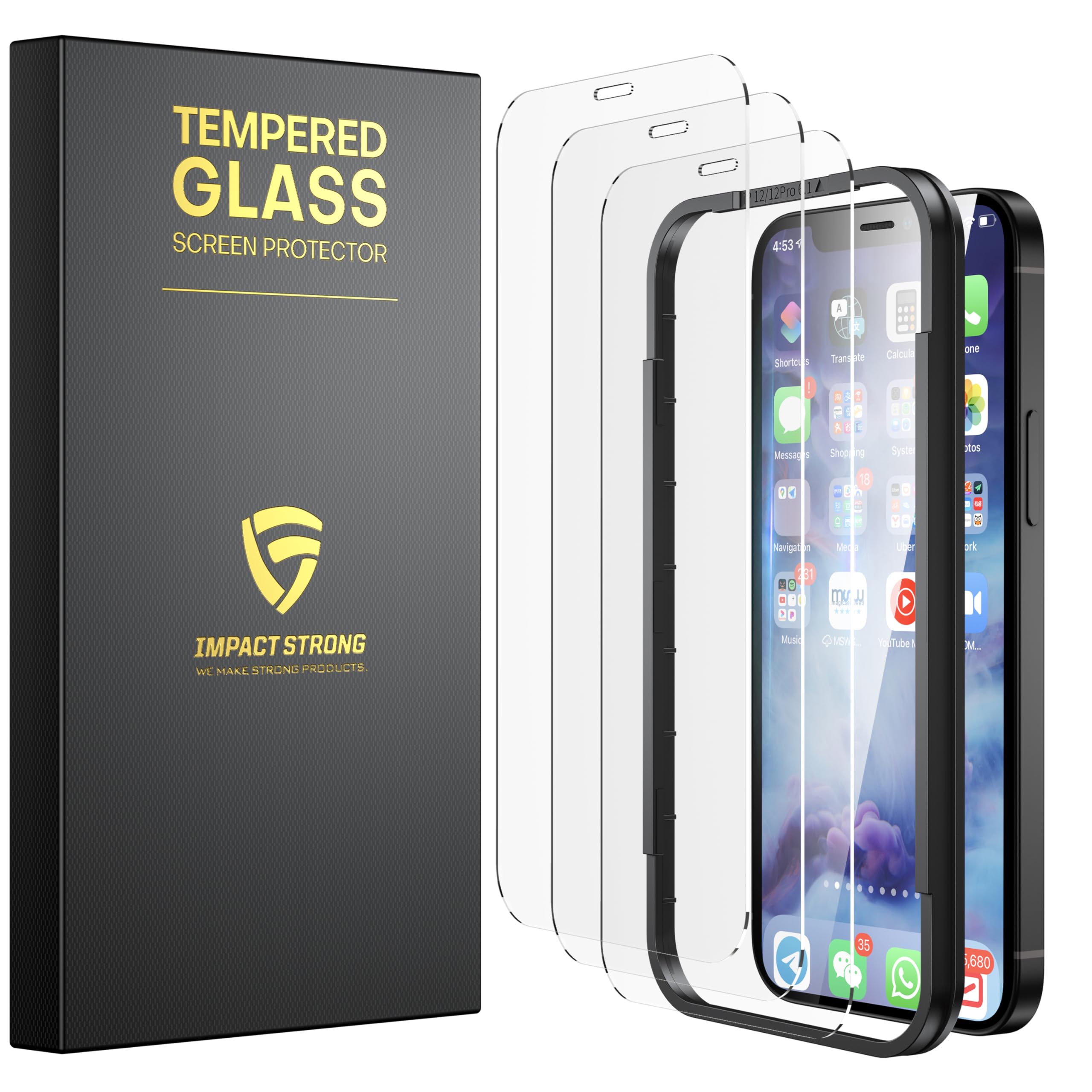Impactstrong Shatterproof Tempered Glass Screen Protector For Iphone 12 / Iphone 12 Pro [Easy Installation Frame] [Bubble Free]