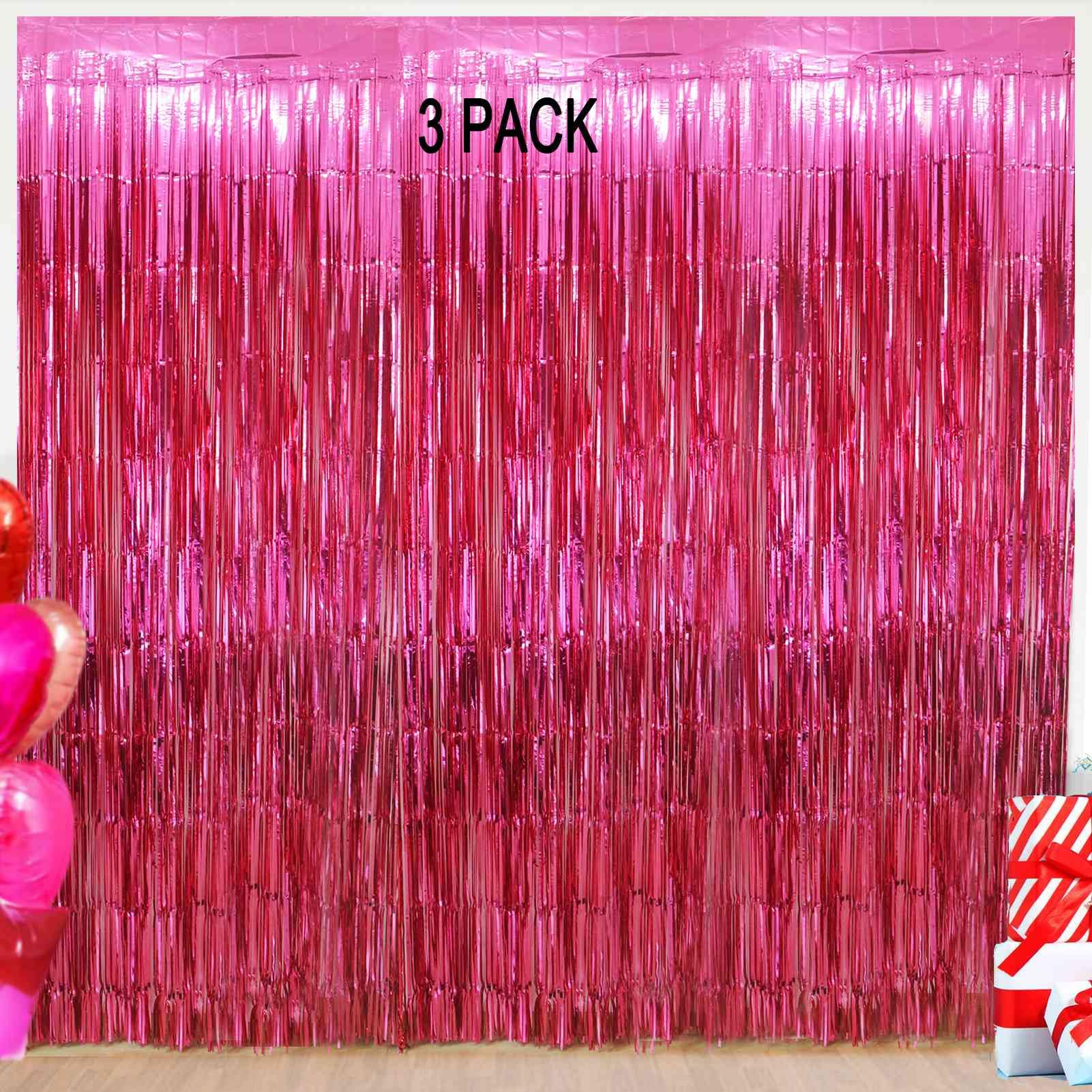 Eufars Valentines Day Backdrops Curtains   3 Pack Of 3.2X8.2Ft Hot Pink Foil Fringe Curtains Streamers Backdrop For Birthday Par