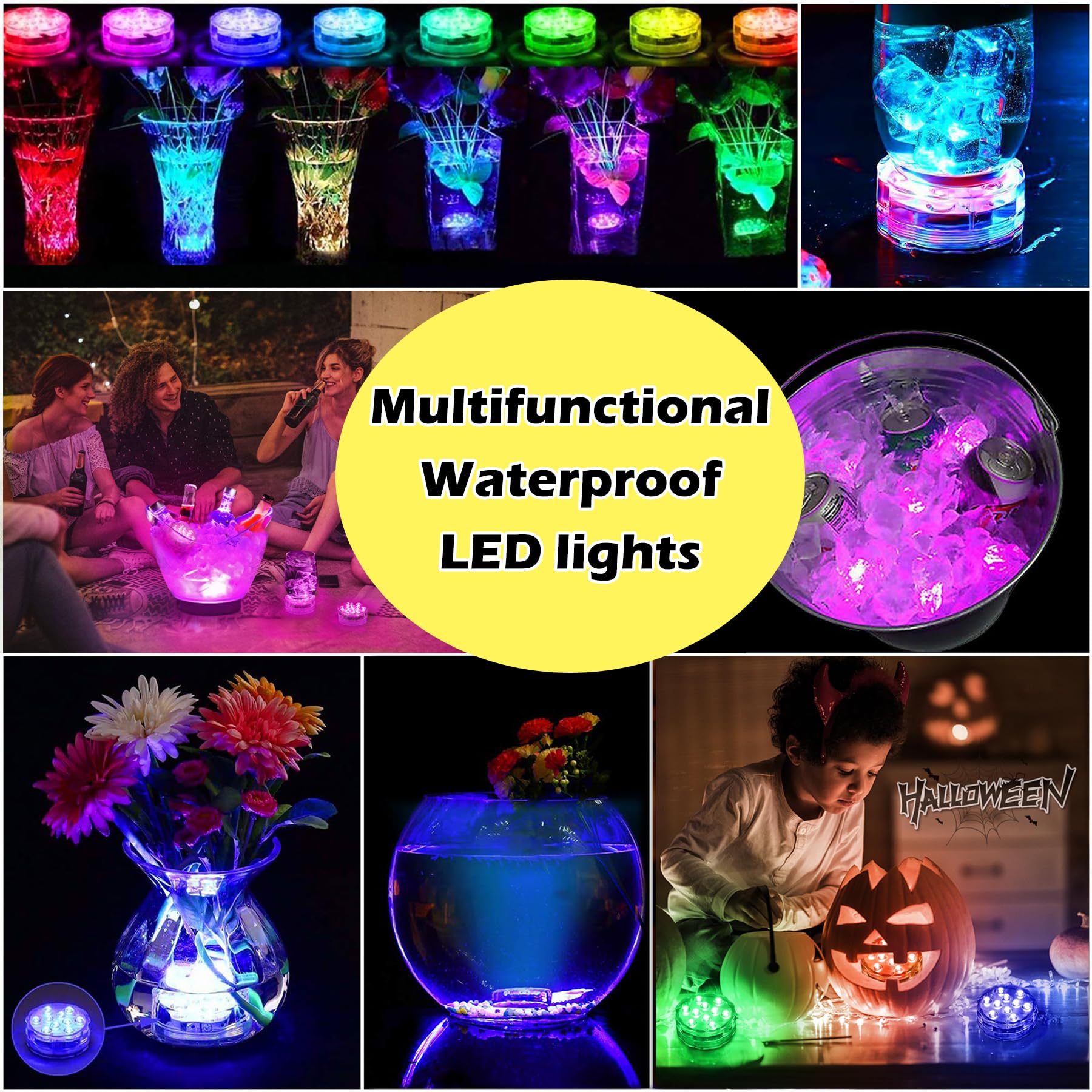 Trybuy 7-Pack LED Lights for Crystal Singing Bowl, RGB Color Changing, Remote Control, Waterproof, Battery Operated, Model BL666