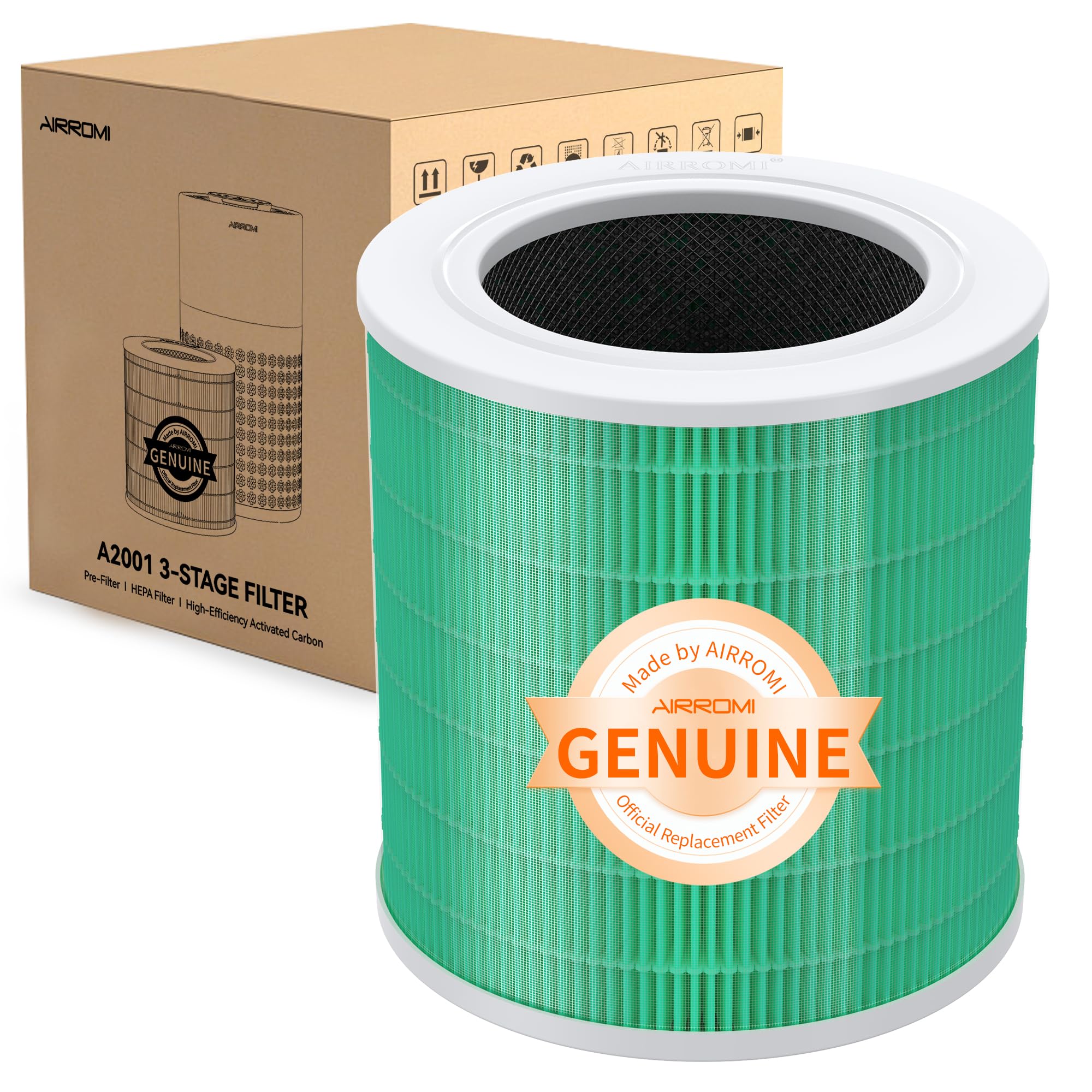 Airromi A2001 Hepa Air Purifier Replacement Filter, 3 In 1 Original Filter, Removes 99.97% Of 0.3 Micron Particles, Green Activa