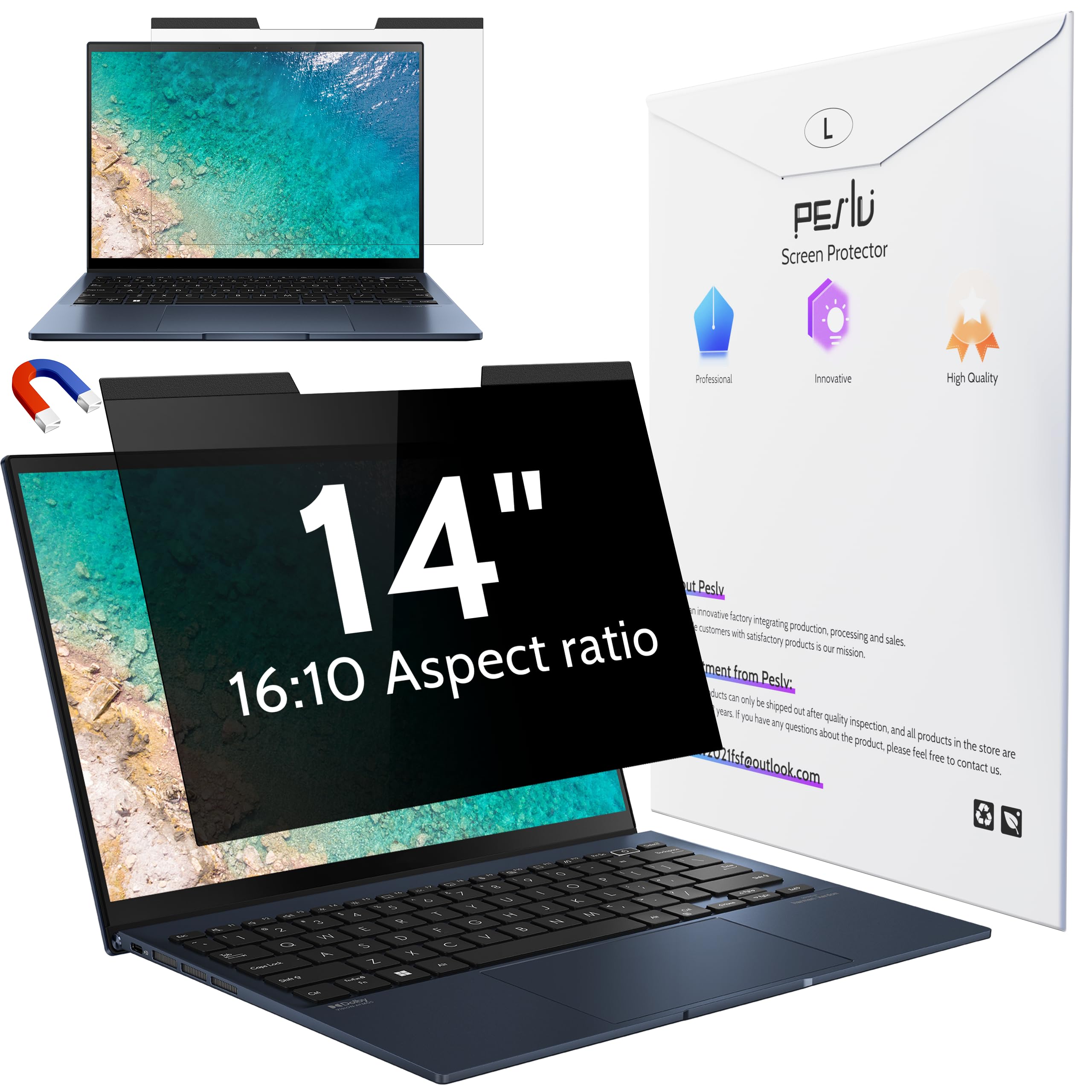 Peslv Magnetic Laptop Privacy Screen 14 Inch For 16:10 Computer Monitor, 14'' Removable Anti Glare Protector Blue Light Filter S