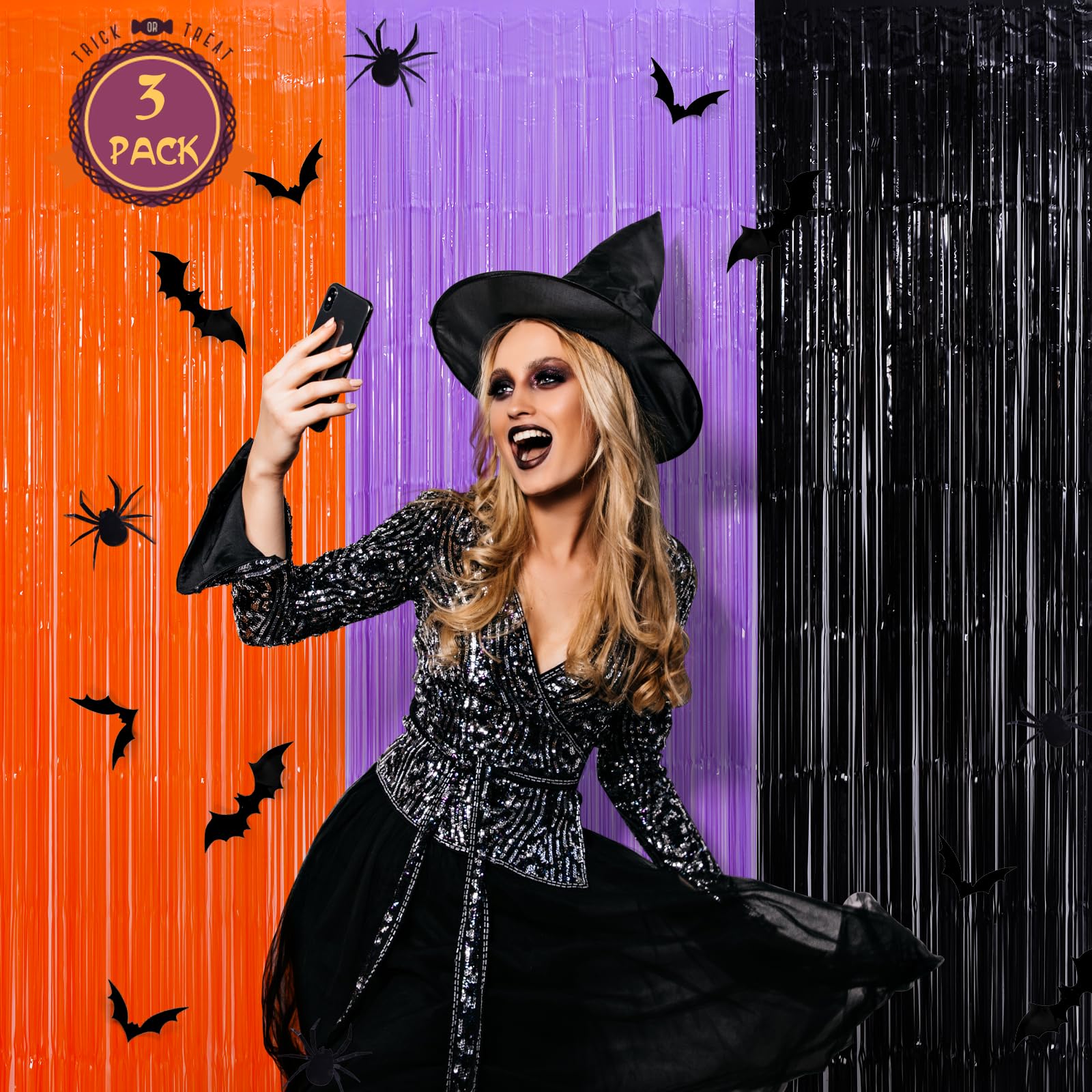 Mega L Halloween Foil Fringe Curtains, 3 Pack Orange Purple Black Photo Booth Props, 18 Pcs Pvc Bat And Spider Stickers Decals W