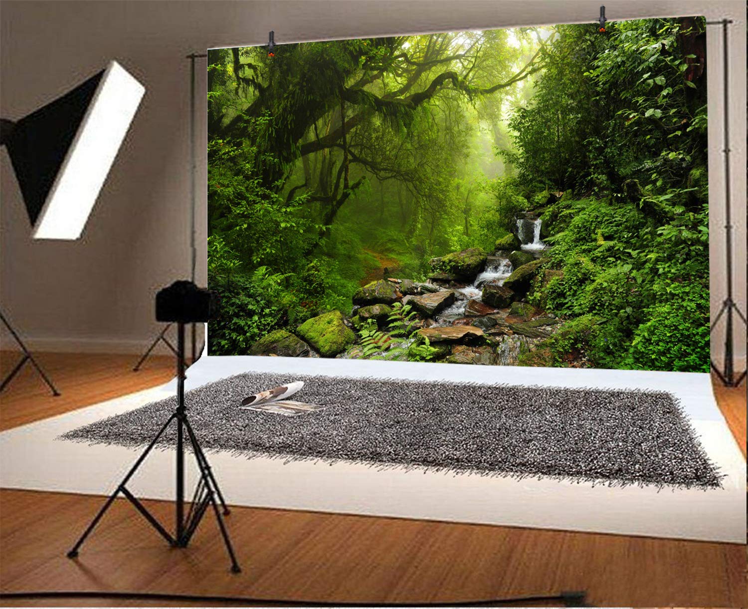 Lfeey 9X6Ft Graceful Natural Scenery Backdrop Evergreen Forest Jungle Rock Flowing Mountain Stream Rainforest Photography Backgr