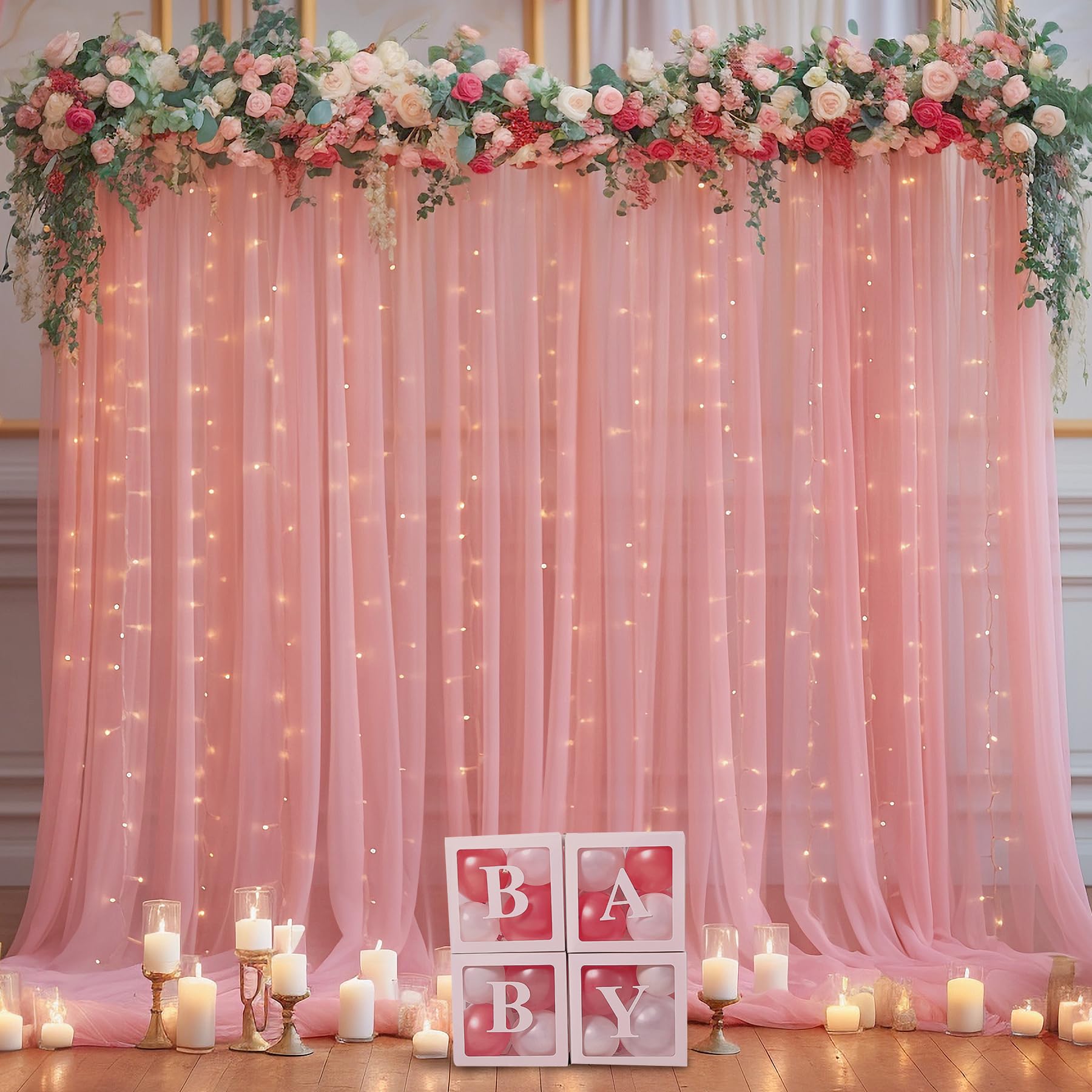 20X10Ft Dusty Rose Tulle Backdrop Curtain With Lights String For Parites, Sheer Backdrop Curtains For Wedding Baby Shower Birthd