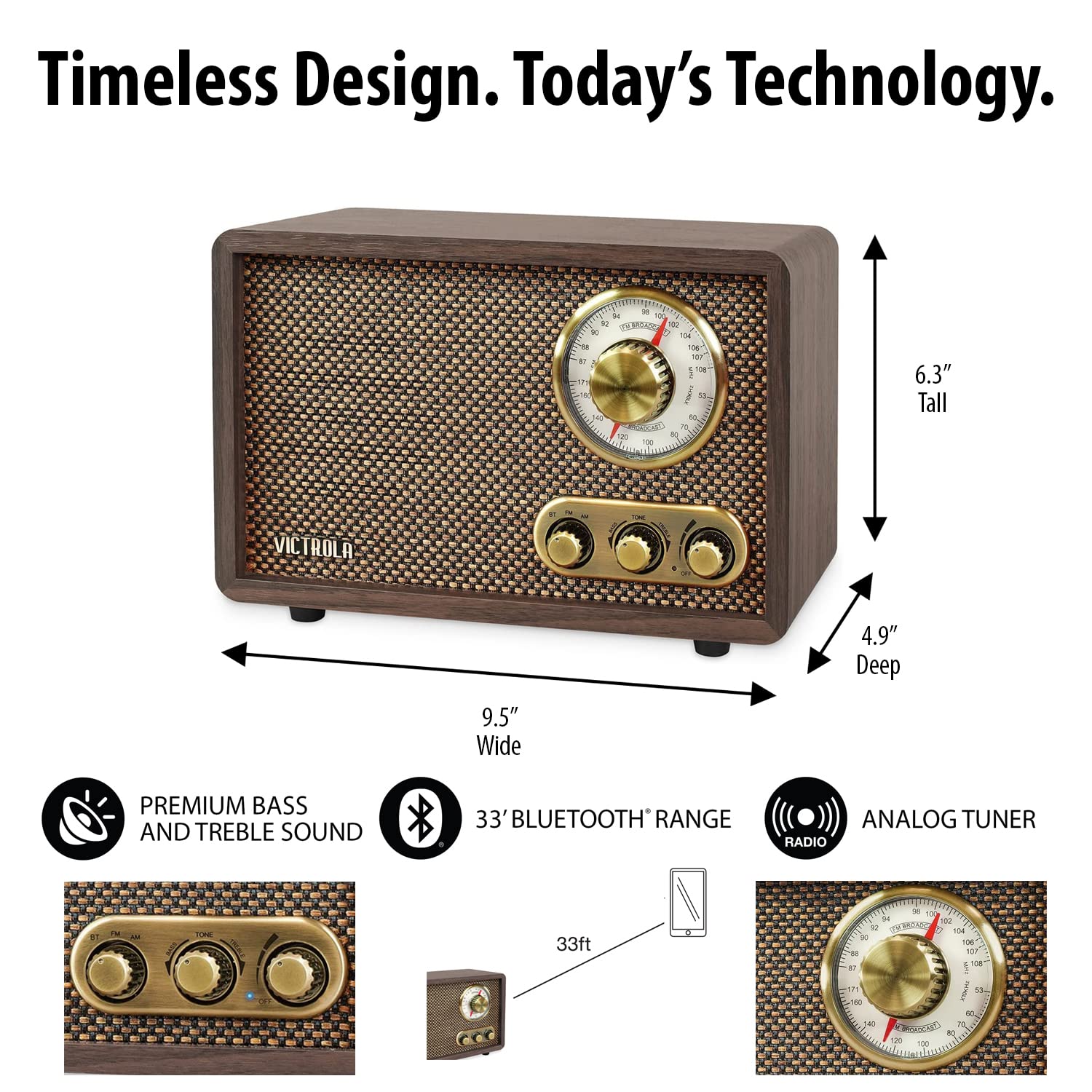 Victrola Retro Wood Bluetooth Radio With Built In Speakers, Elegant & Vintage Design, Rotary Am/Fm Tuning Dial, Wireless Streami
