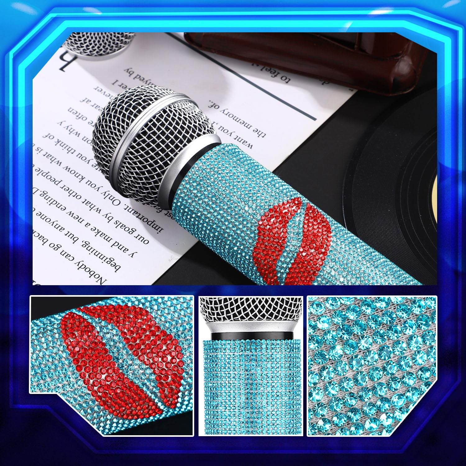 Facmogu Lake Blue Rhinestones Red Lips Microphone Decor Cover, Sparkly Crystal Mic Handle Cover For Universal Wireless Microphon