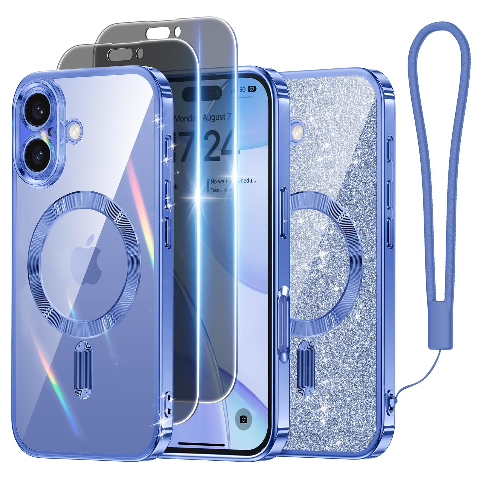 Meifigno Designed For Iphone 16 Case 6.1'', [Glitter Card & Wrist Strap] [Compatible With Magsafe] [2X Privacy Screen Protectors