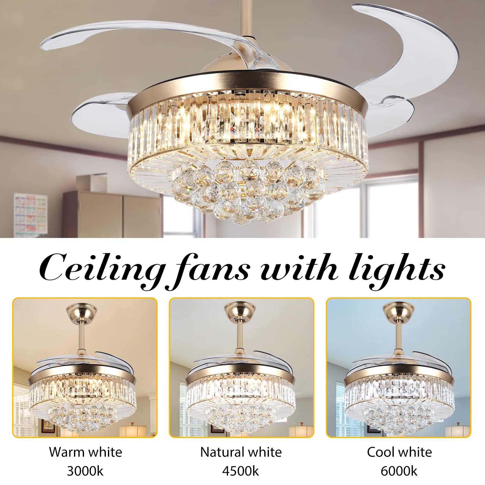 Wwahuayuan 42'' Ceiling Fans With Lights,Reversible Modern Crystal Ceiling Fans Light With Remote Control,3 Color Changeable, 3