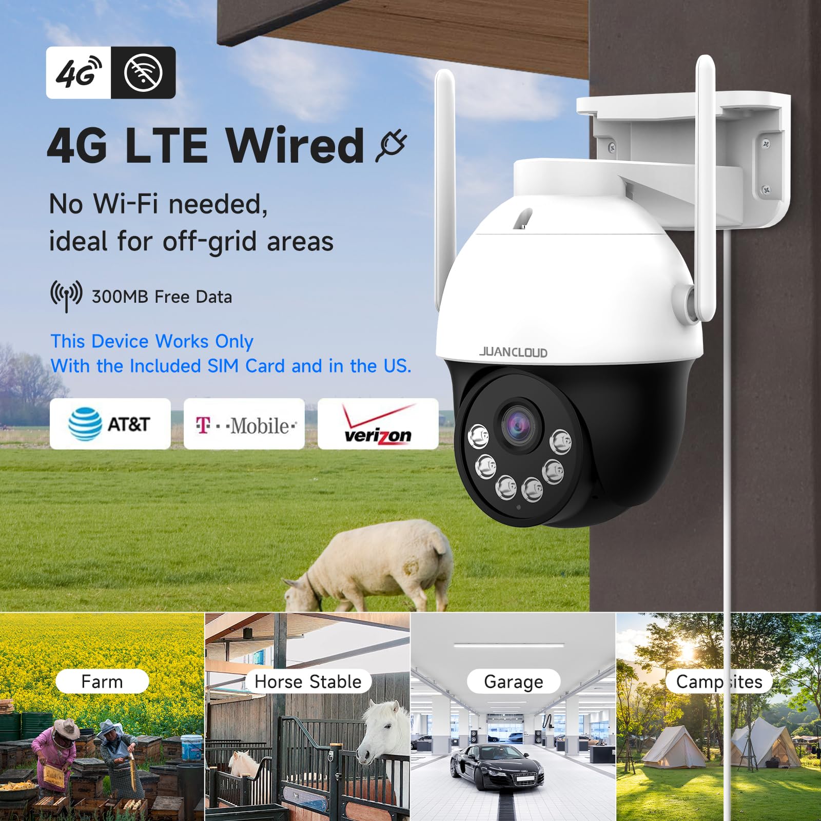 Juancloud 4G Lte Cellular Security Camera Outdoor,2K No Wifi Security Camera,Includes 32G Sd&Sim Card (Verizon/At&T/T Mobile),36