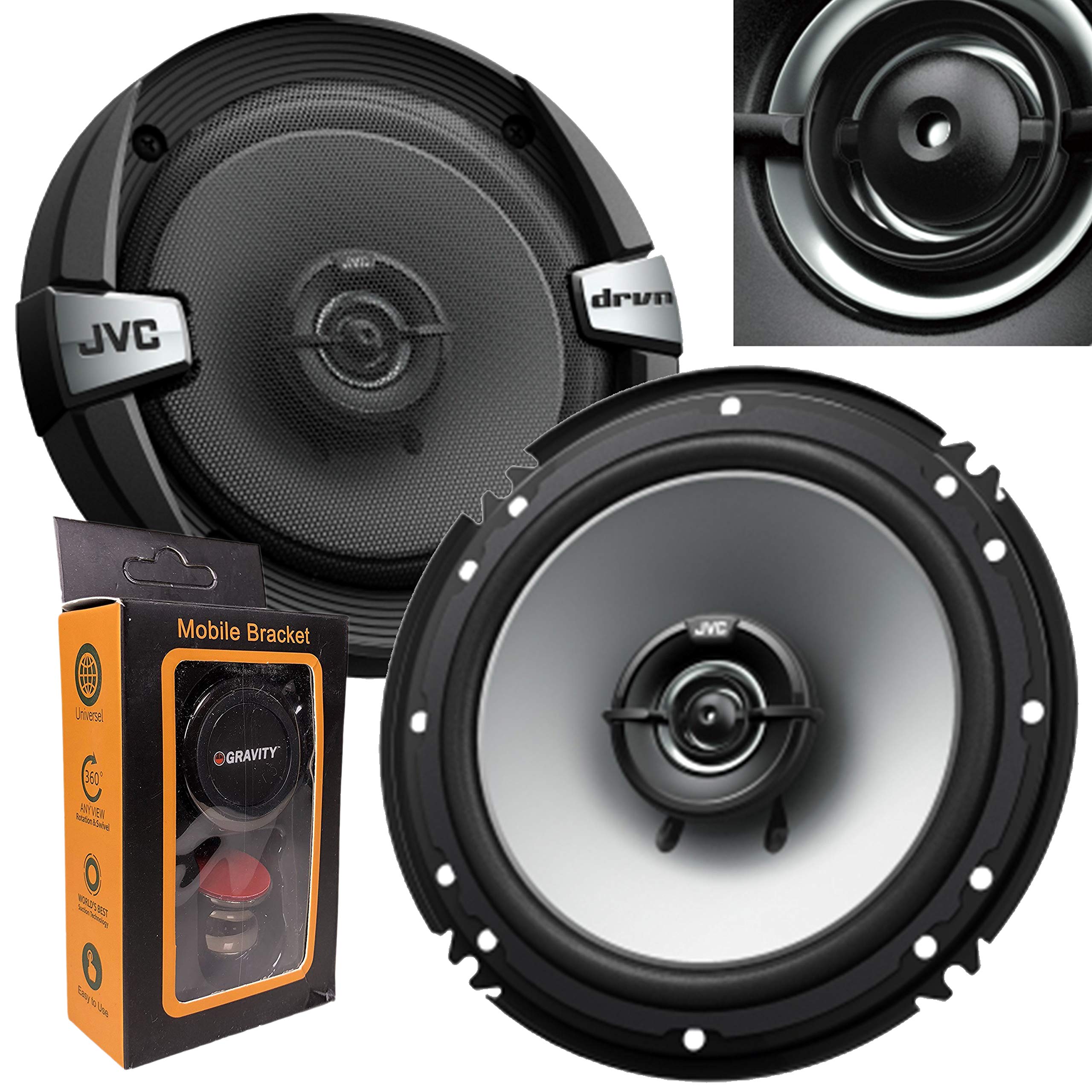 Pair Of Jvc Cs-Dr162 Dr Series 6.5 Inch 2-Way Coaxial Speakers (300 Watts Peak) - 2 Speakers + Gravity Magnet Phone Holder